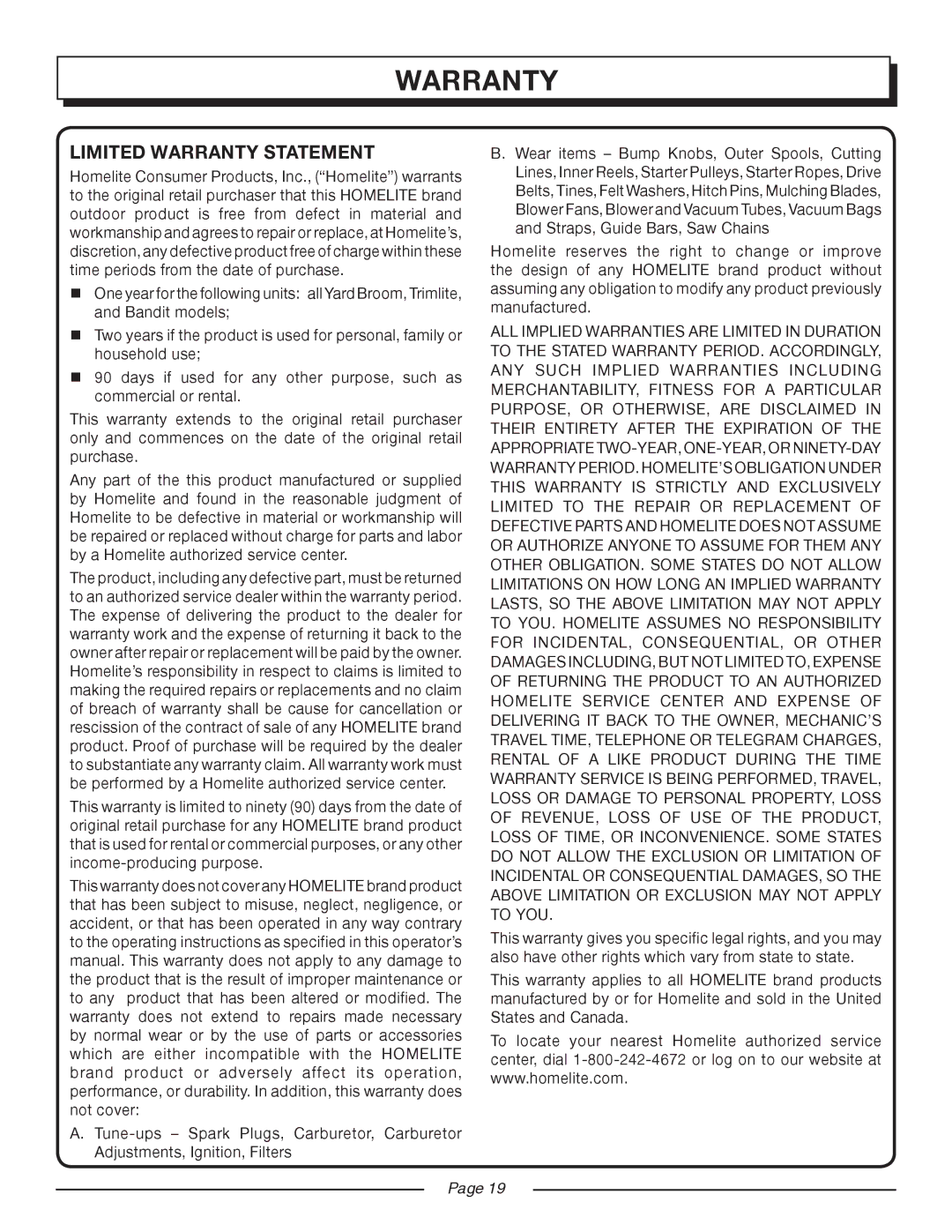 Homelite UT08947 manual Limited Warranty Statement 