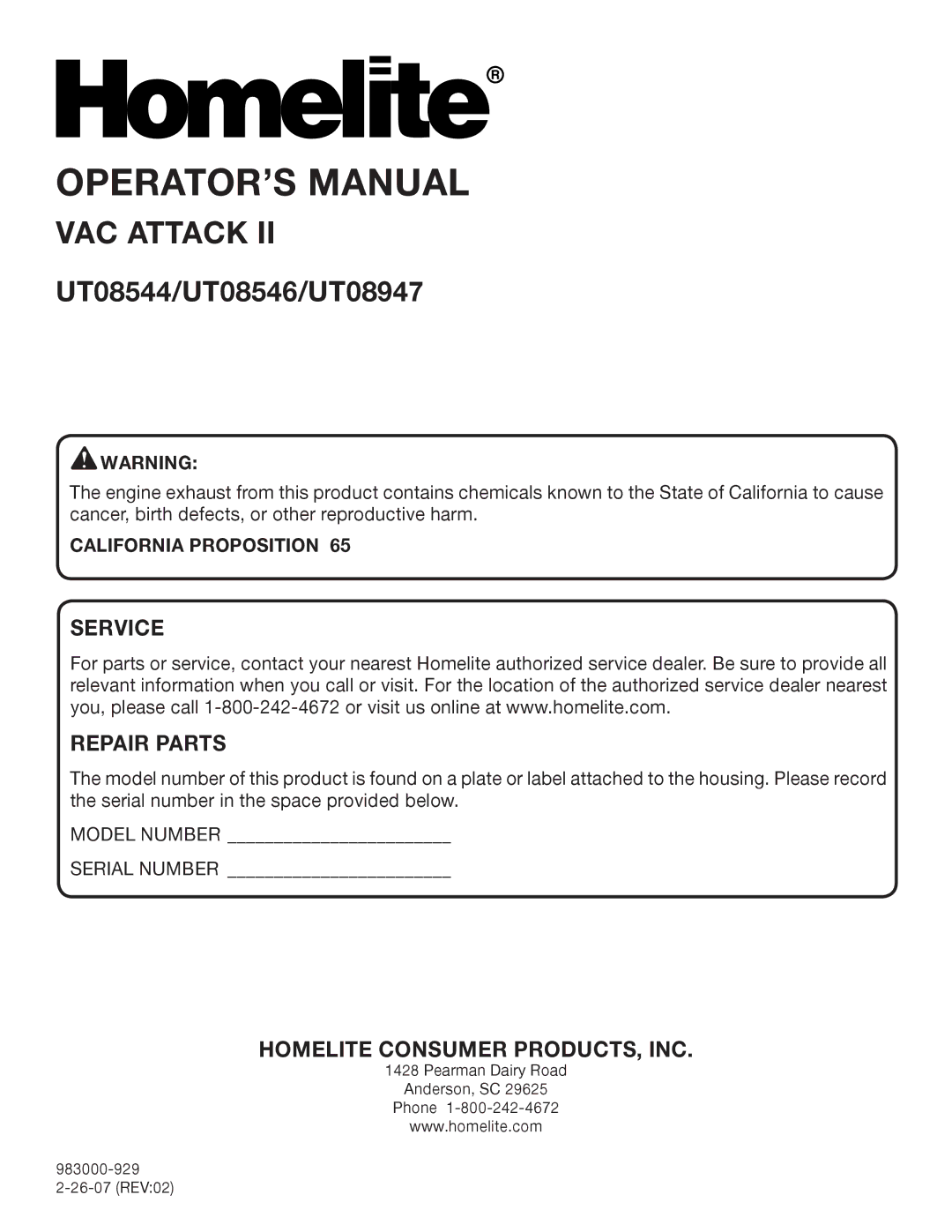 Homelite UT08947 manual Service Repair Parts, California Proposition 