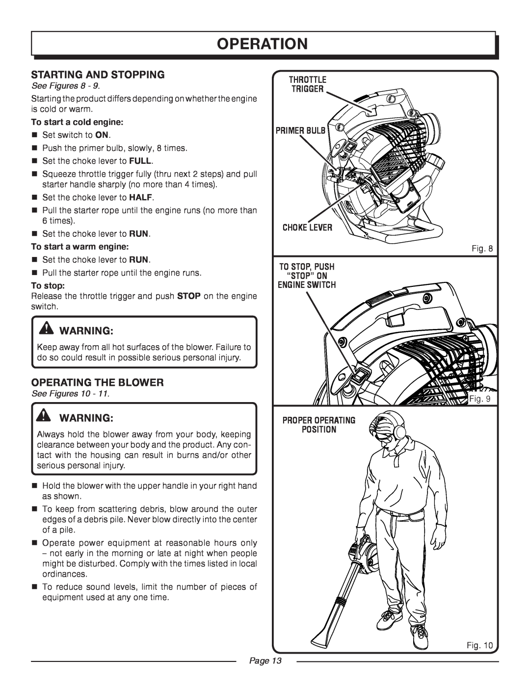 Homelite UT08947 Operation, See Figures, Throttle Trigger, To start a cold engine, To start a warm engine, To stop, Page 