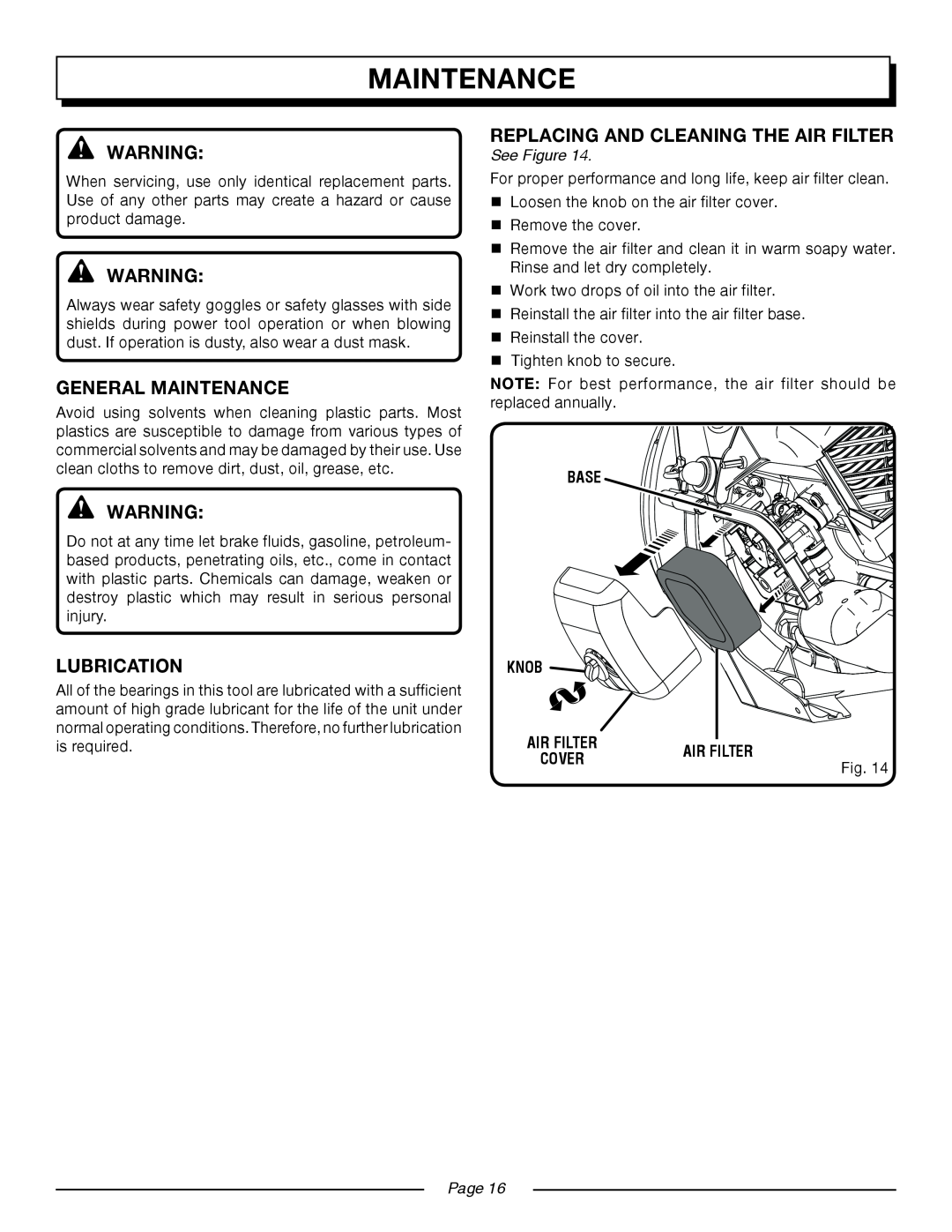 Homelite UT08947 manual Maintenance, See Figure, Base Knob, Air Filter, Page 