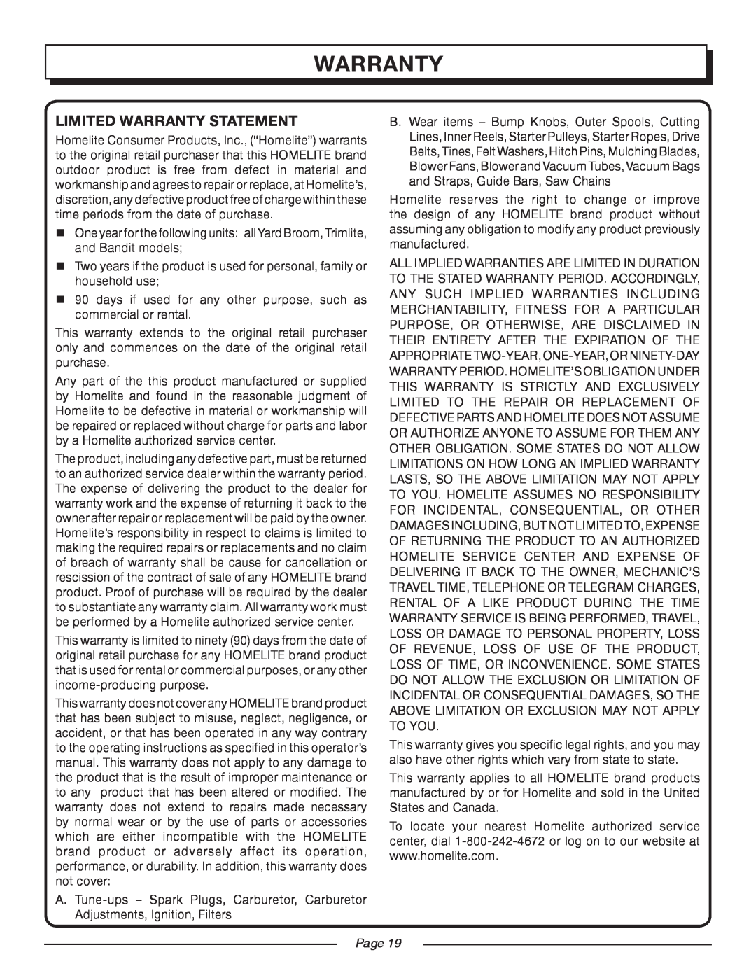 Homelite UT08947 manual Limited Warranty Statement, Page 