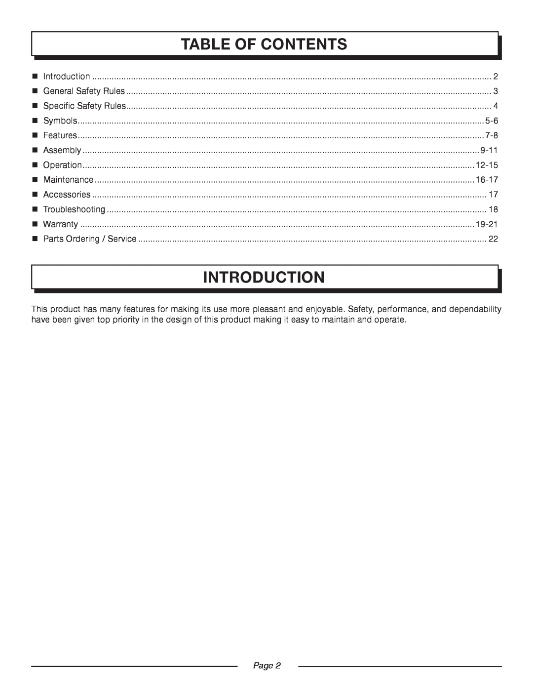 Homelite UT08947 manual Introduction, Table Of Contents, Page 