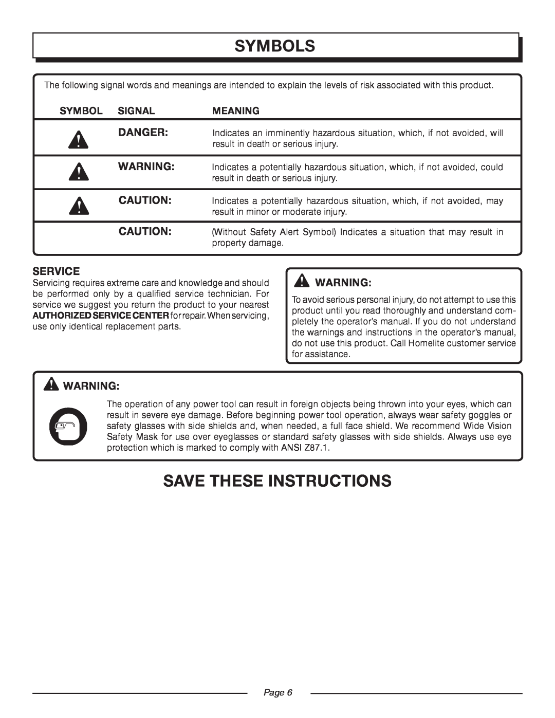 Homelite UT08947 manual Save These Instructions, Symbols, Symbol Signal, Meaning, Page 