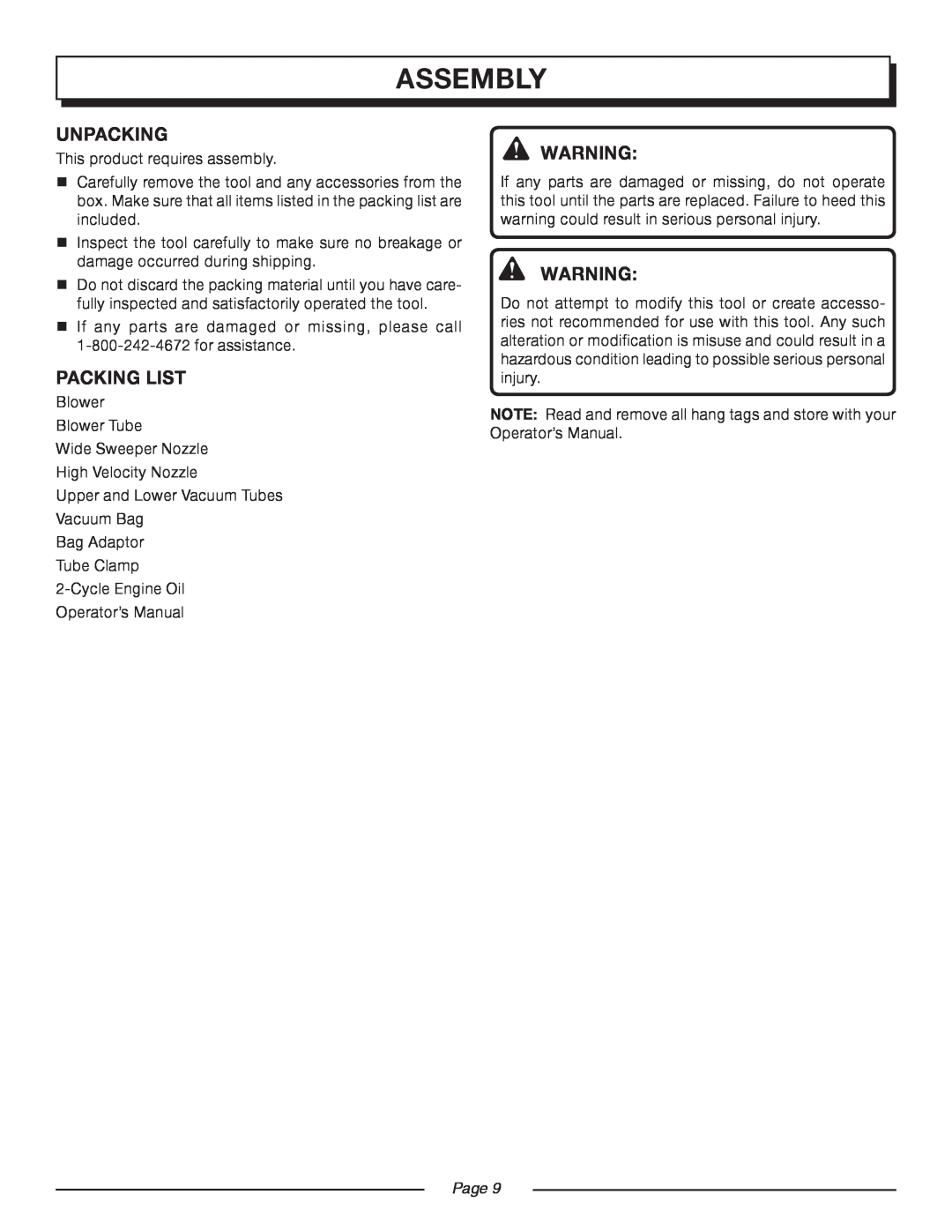 Homelite UT08947 manual Assembly, Unpacking, Packing List, Page 