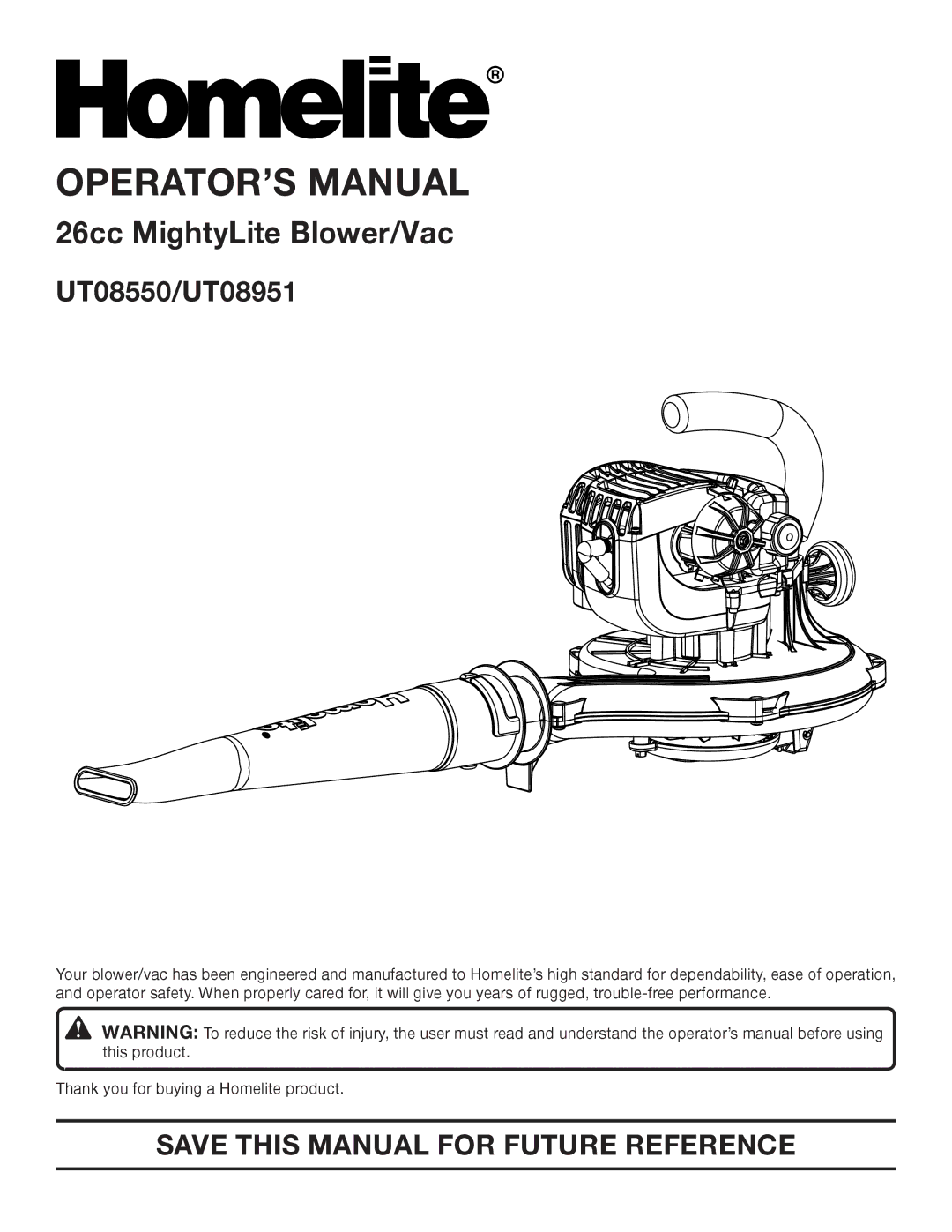 Homelite manual OPERATOR’S Manual, UT08550/UT08951 