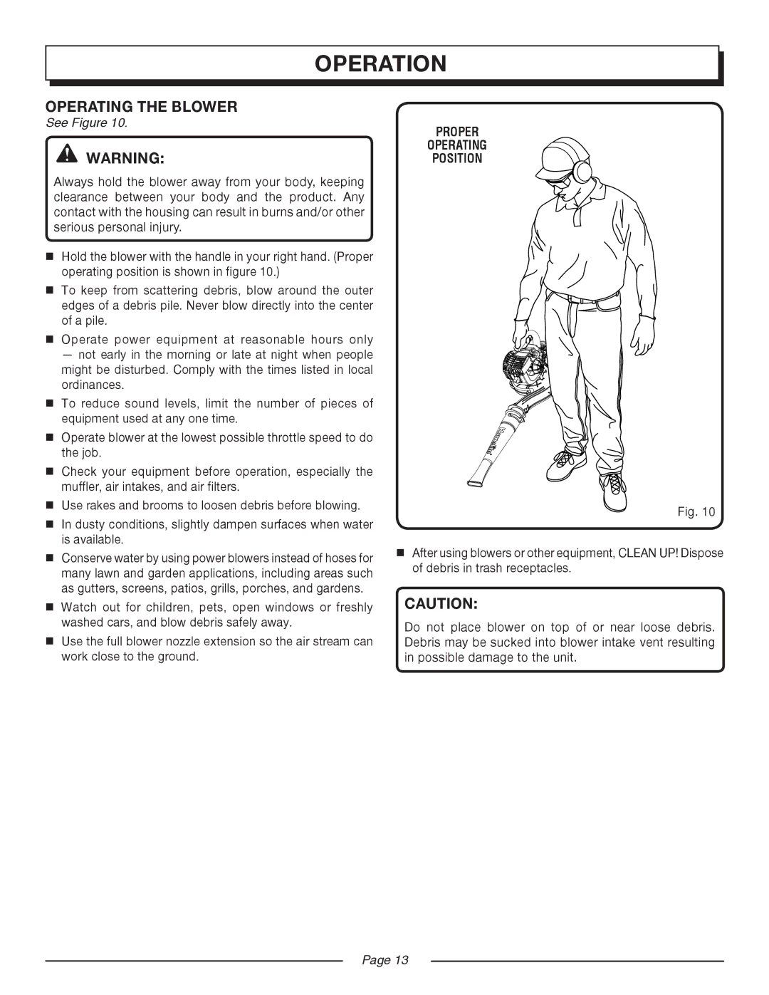 Homelite UT08550, UT08951 manual Operating the blower, Proper Operating Position 