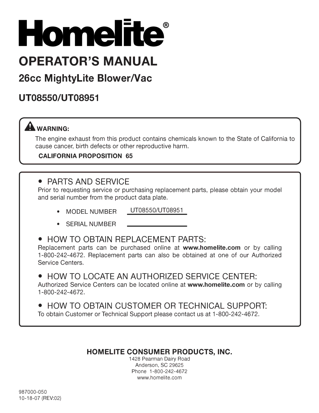 Homelite UT08951, UT08550 manual Parts and Service, California Proposition 