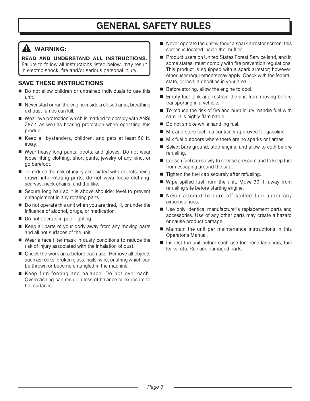 Homelite UT08550, UT08951 manual General safety rules 