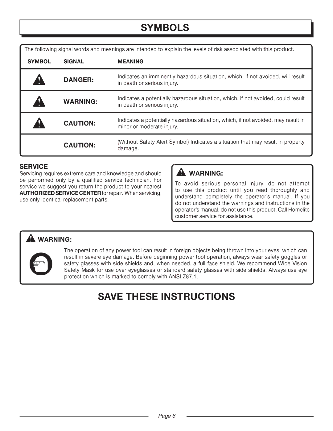 Homelite UT08951, UT08550 manual Service, Symbol Signal Meaning 