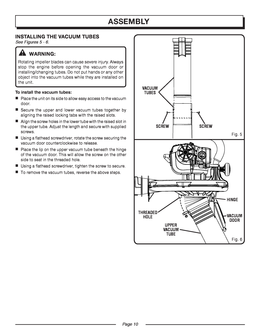 Homelite UT08951 assembly, See Figures 5, To install the vacuum tubes, vacuum tubes screwscrew, hinge, threaded, hole 