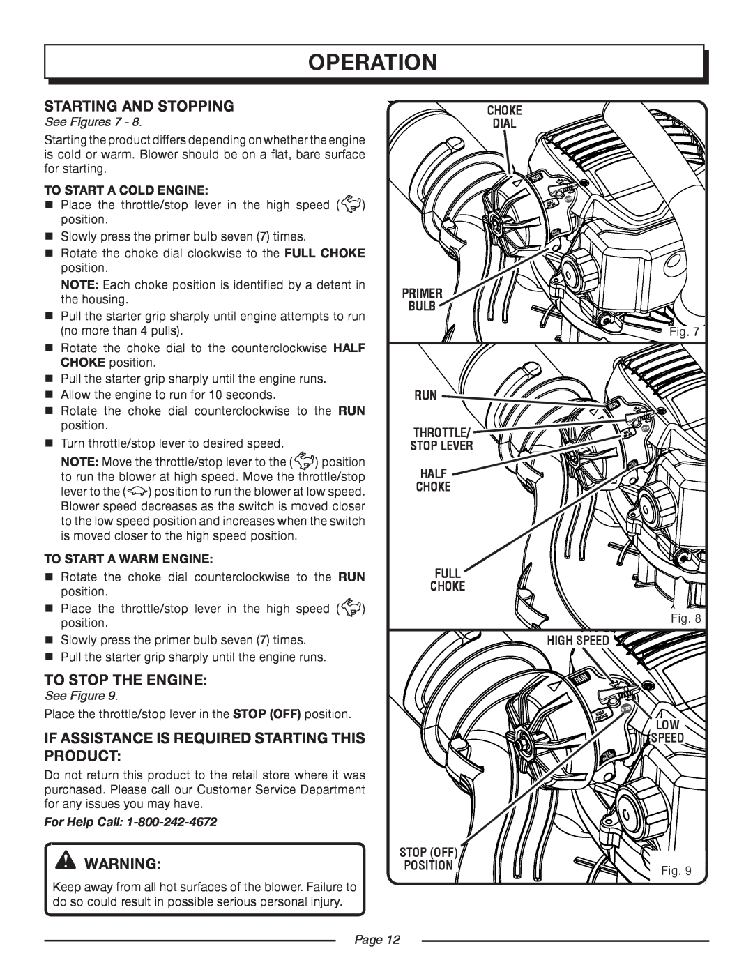 Homelite UT08951 operation, See Figures 7, To Start A Cold Engine, choke dial PRIMER BULB, To Start A Warm Engine, Page 
