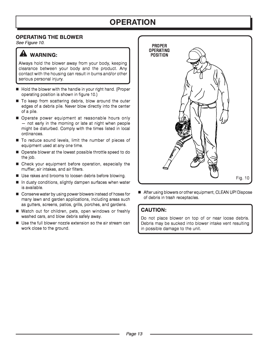 Homelite UT08550, UT08951 manual operation, OPERATING the blower, See Figure, proper operating position, Page 
