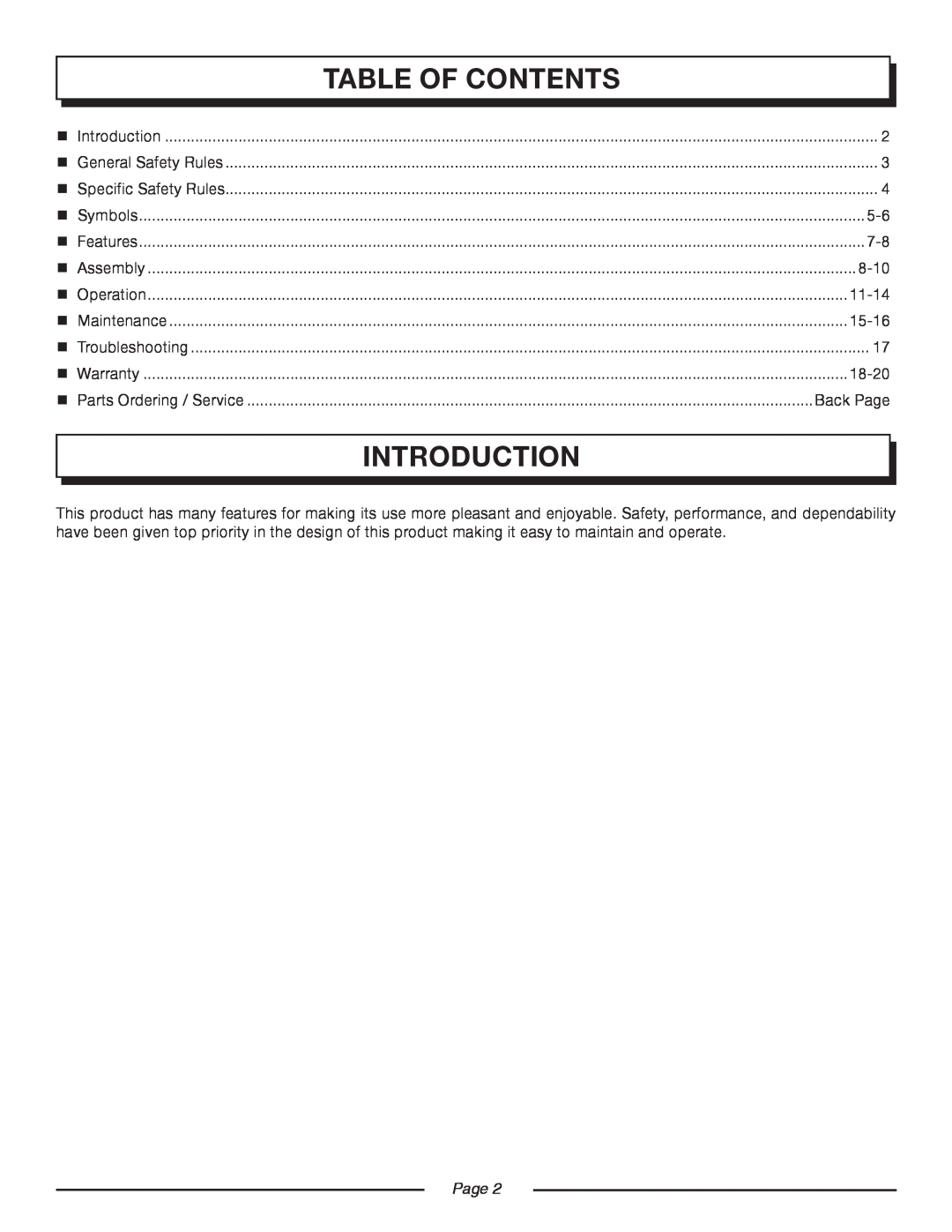 Homelite UT08951, UT08550 manual table of contents, introduction, 8-10, 11-14, 15-16, 18-20, Back Page, Page  