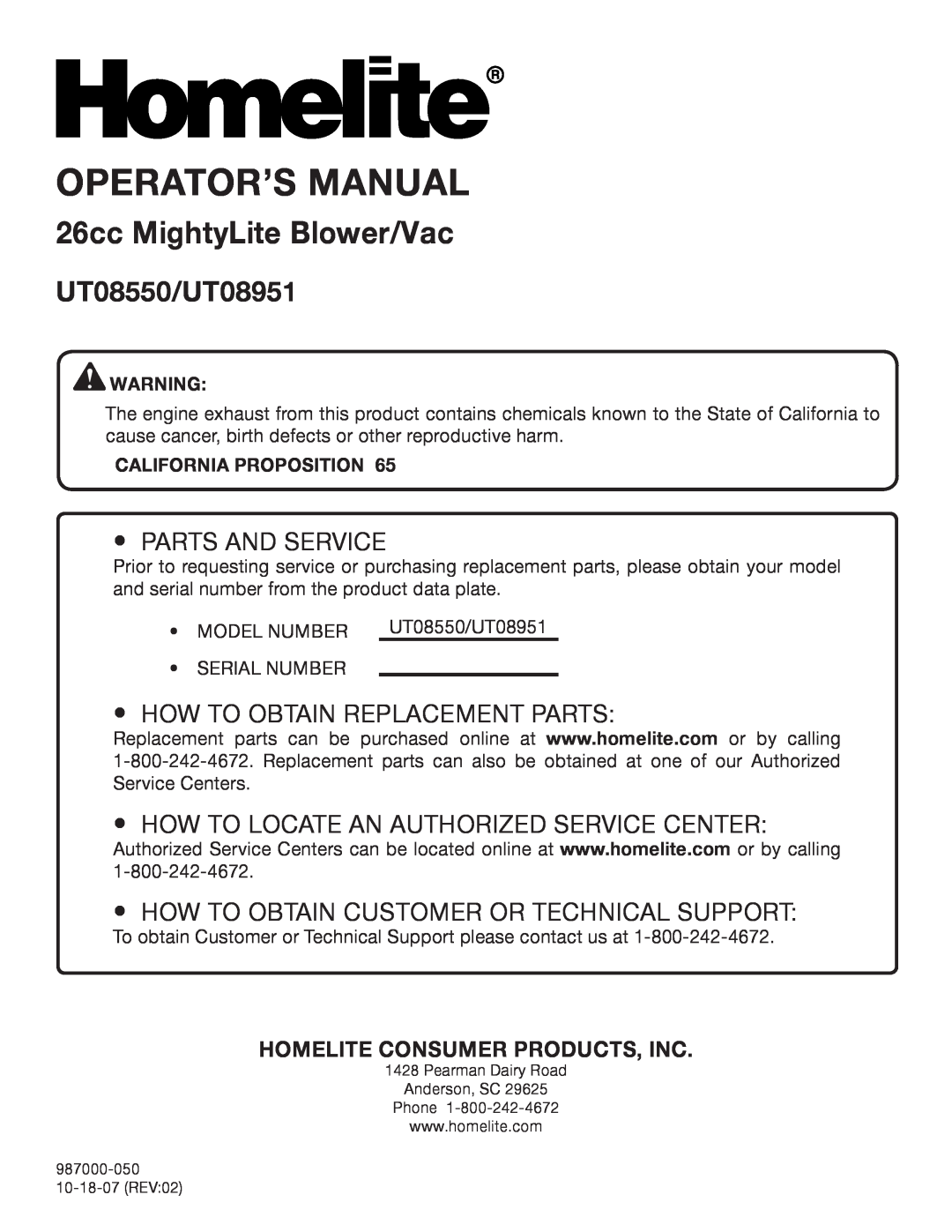 Homelite manual Homelite Consumer Products, Inc, Operator’S Manual, 26cc MightyLite Blower/Vac, UT08550/UT08951 