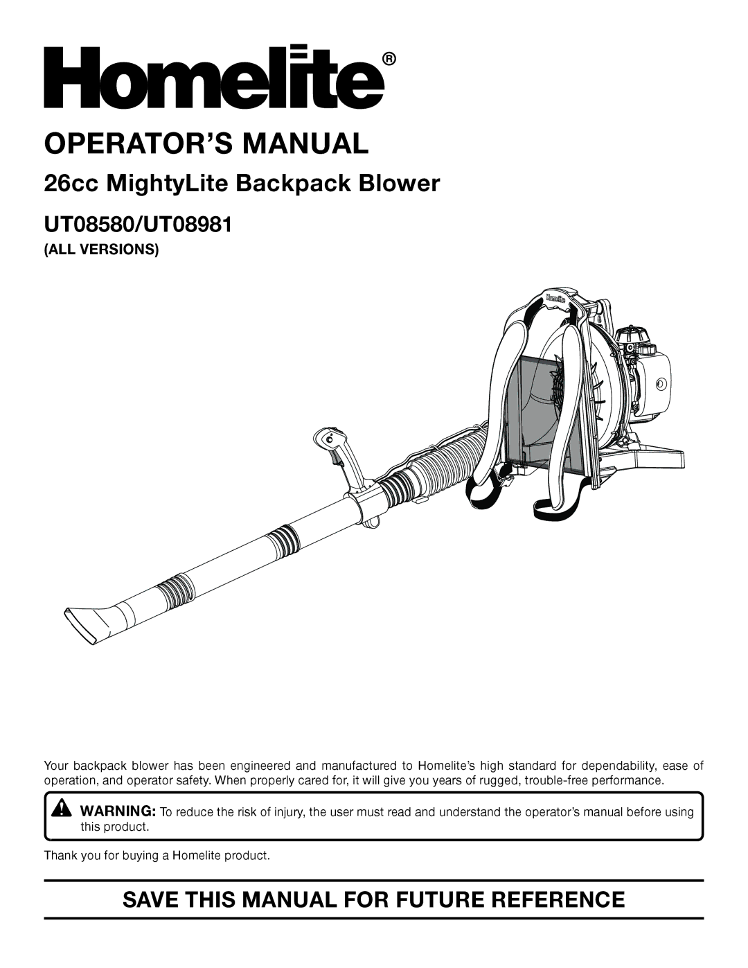 Homelite manual UT08580/UT08981, ALL Versions 