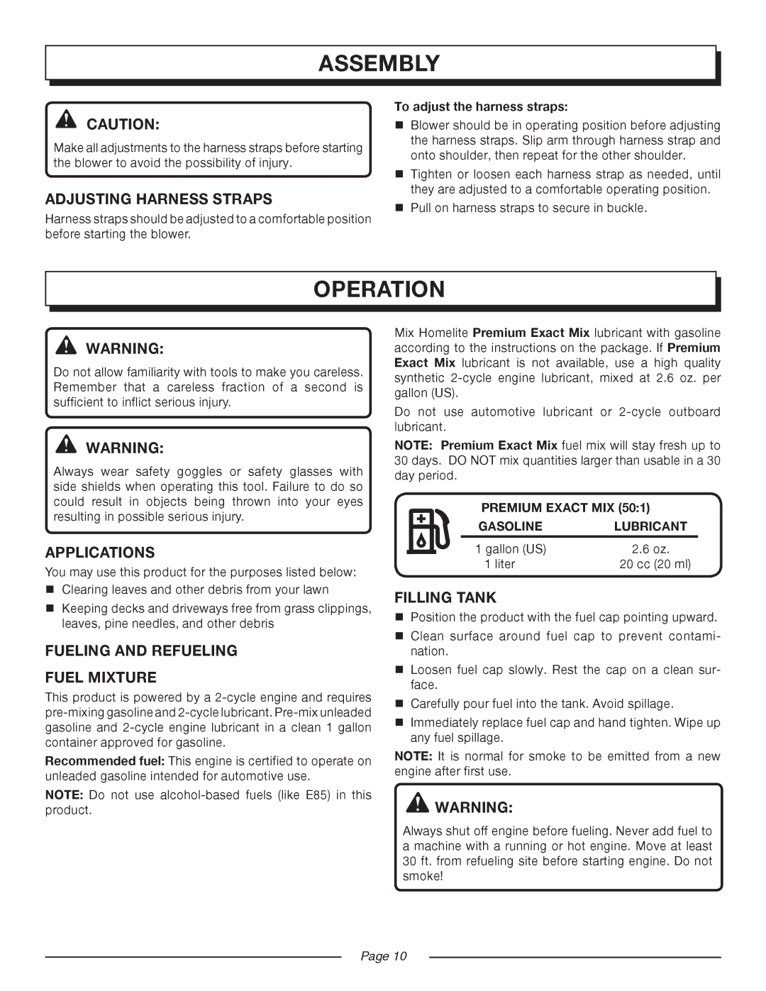 Homelite UT08981 manual Operation, Adjusting Harness Straps, Applications, Fueling and Refueling Fuel Mixture, Filling Tank 