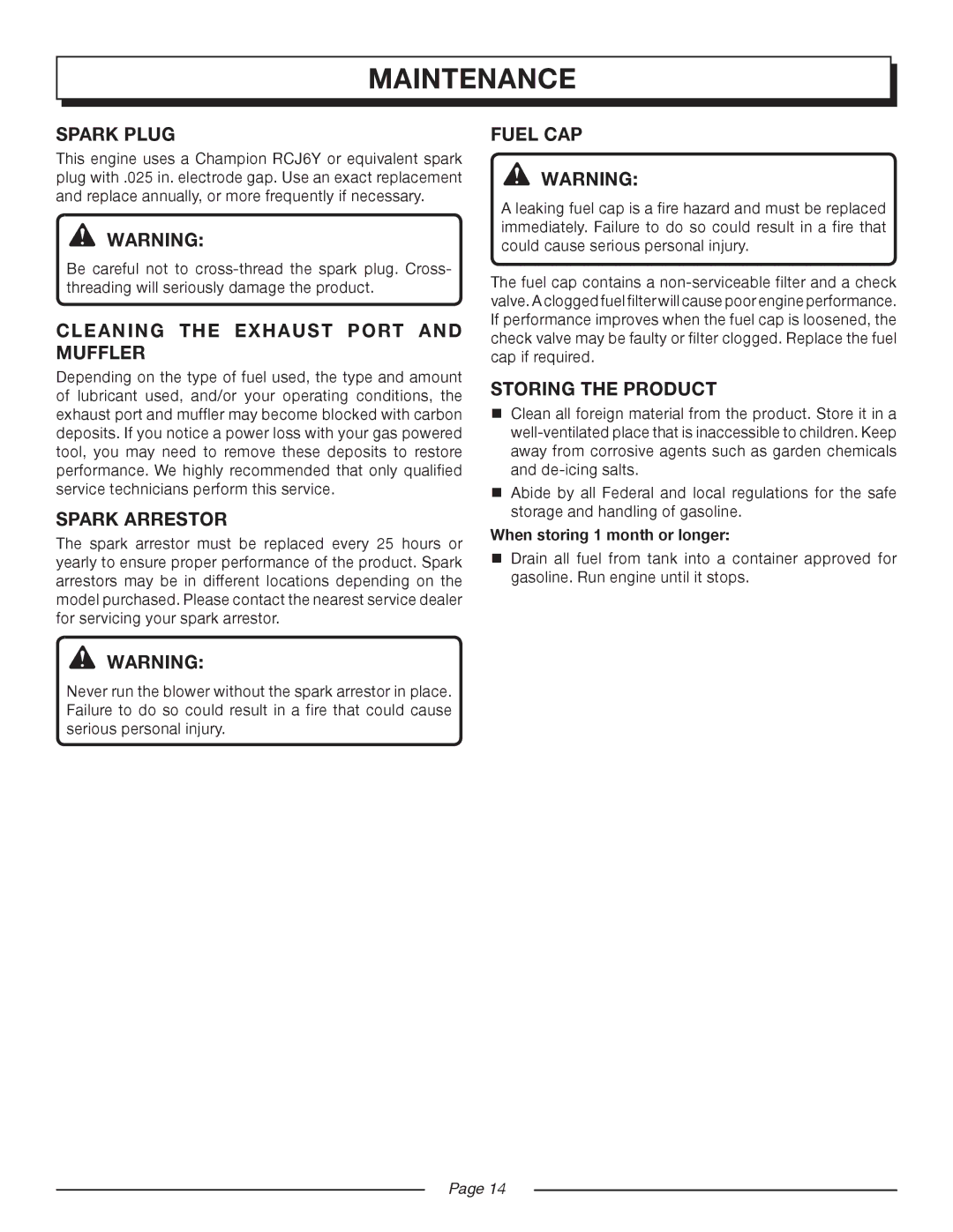 Homelite UT08981, UT08580 Spark Plug, Cleaning the Exhaust Port and Muffler, Spark Arrestor, Fuel CAP, Storing the Product 