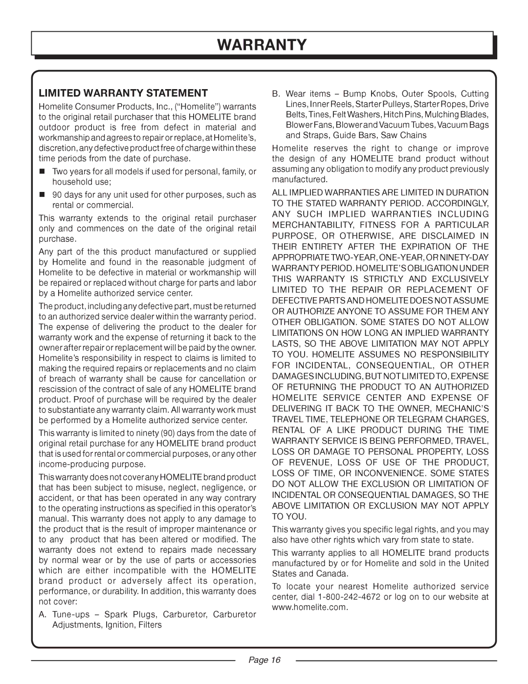 Homelite UT08981, UT08580 manual Limited Warranty Statement 