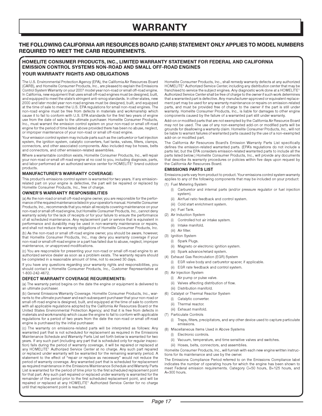 Homelite UT08580, UT08981 manual Your Warranty Rights and Obligations 