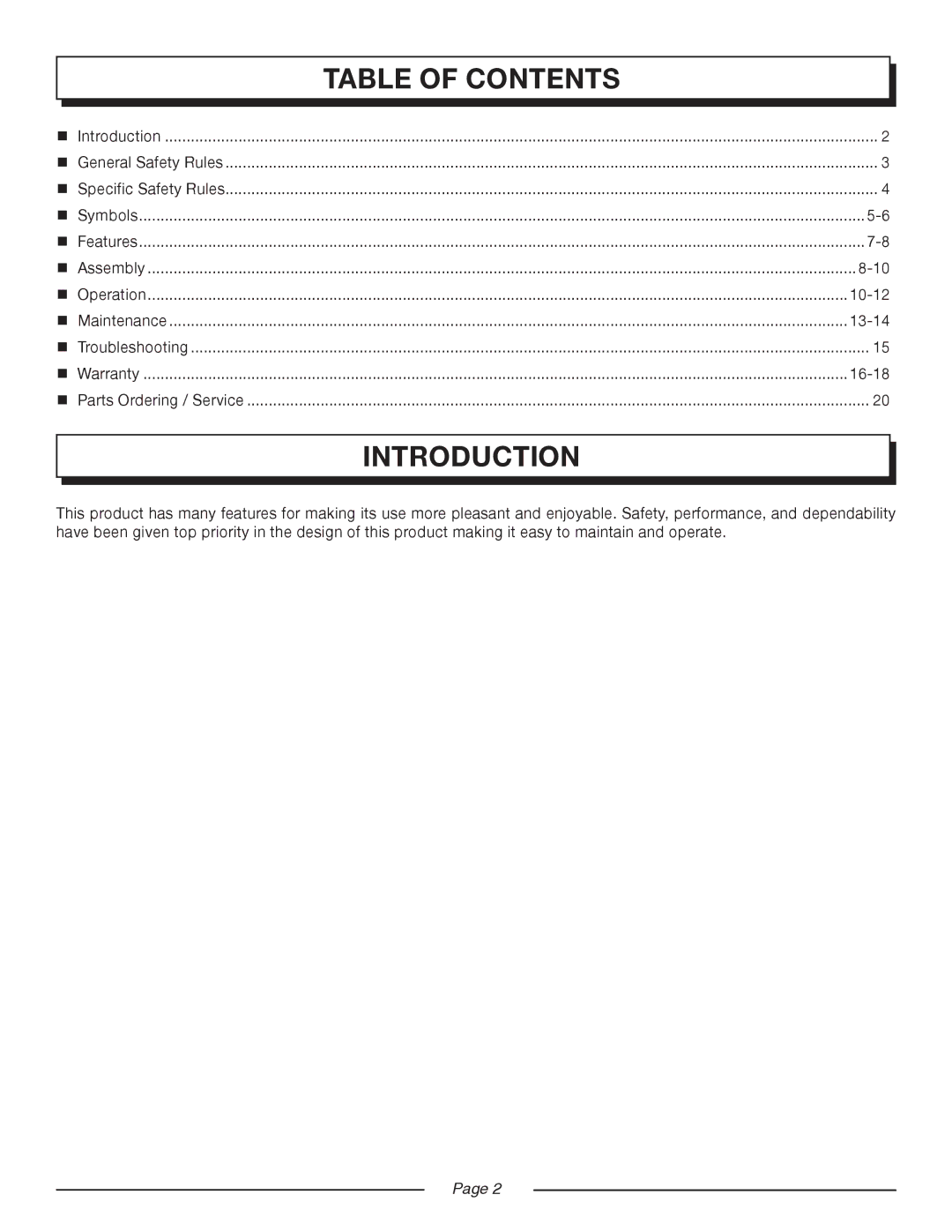 Homelite UT08981, UT08580 manual Table of contents, Introduction 