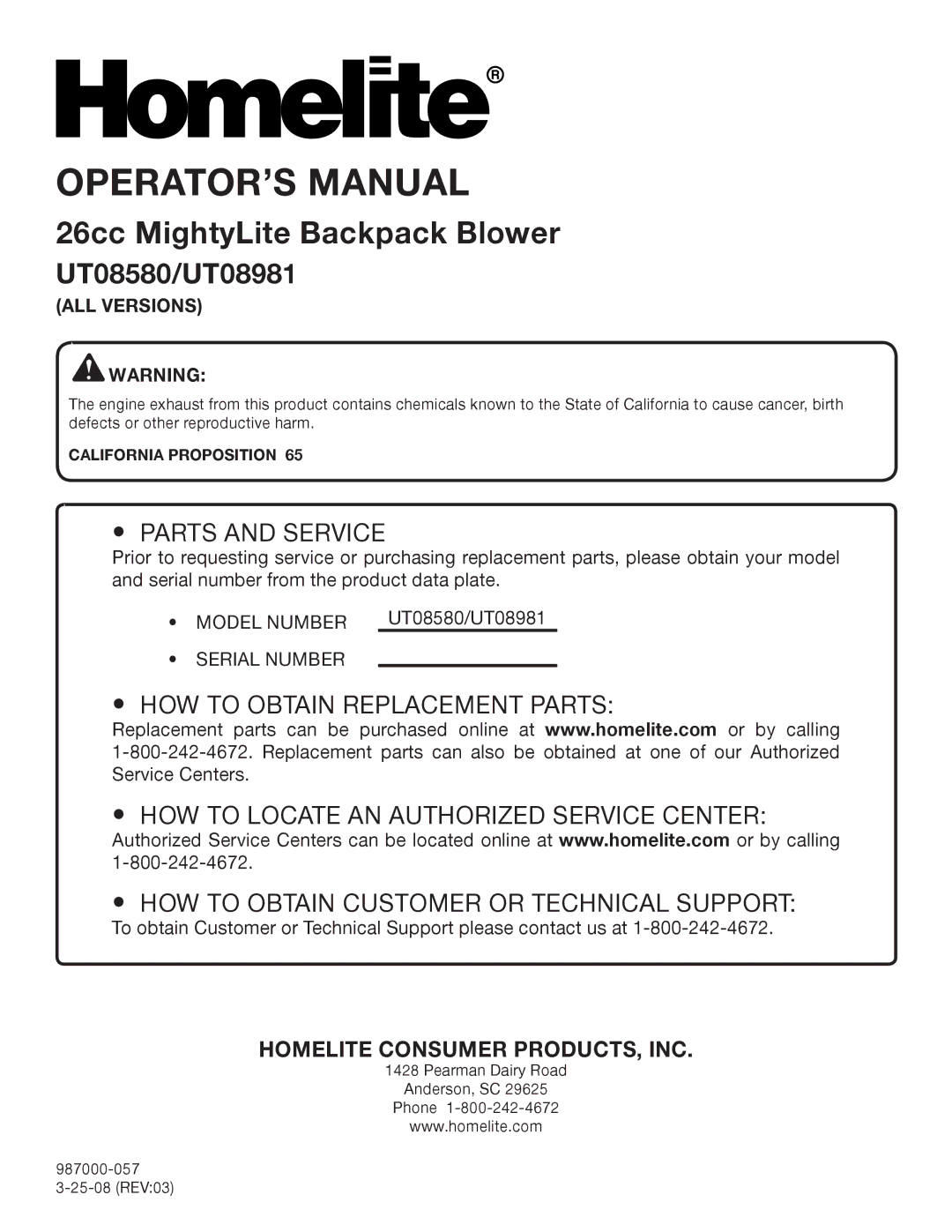 Homelite UT08981, UT08580 manual Parts and Service 