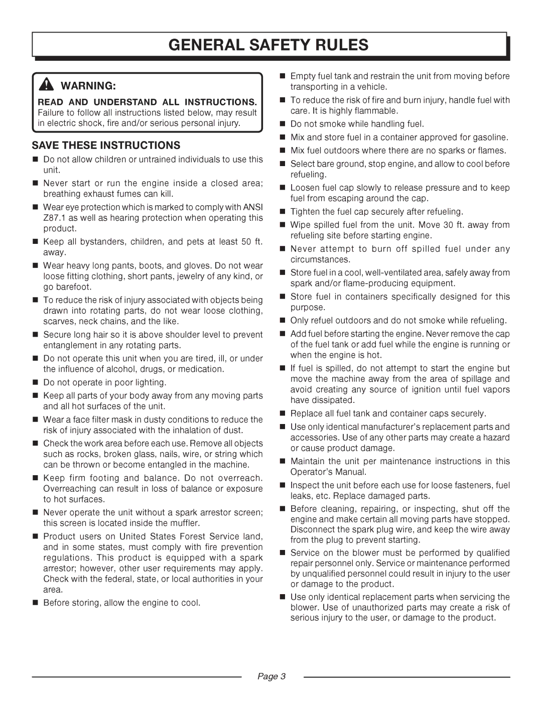 Homelite UT08580, UT08981 manual General safety rules 