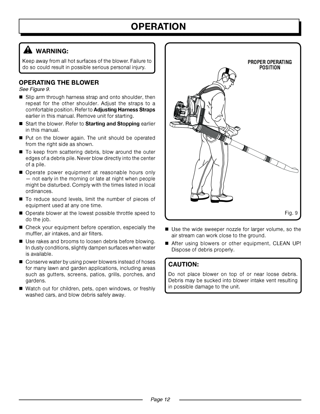 Homelite UT08981, UT08580 manual Operating The Blower, operation, See Figure, proper operating position, Page 