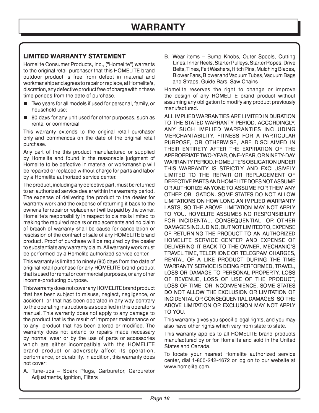Homelite UT08981, UT08580 manual Limited Warranty Statement, Page 