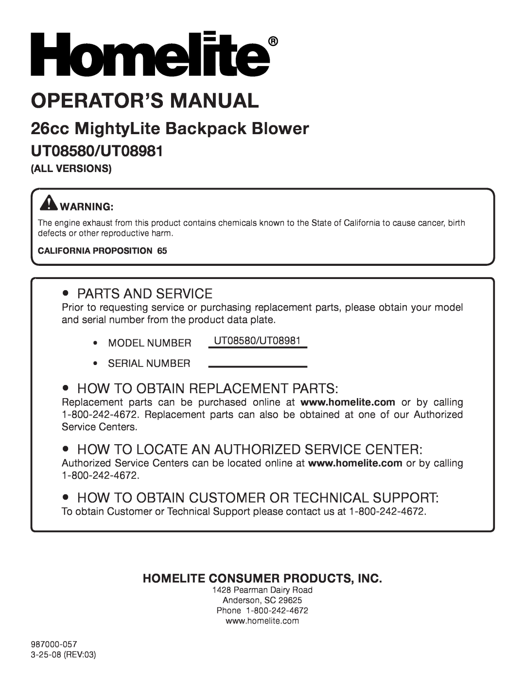 Homelite manual Homelite Consumer Products, Inc, Operator’S Manual, 26cc MightyLite Backpack Blower, UT08580/UT08981 