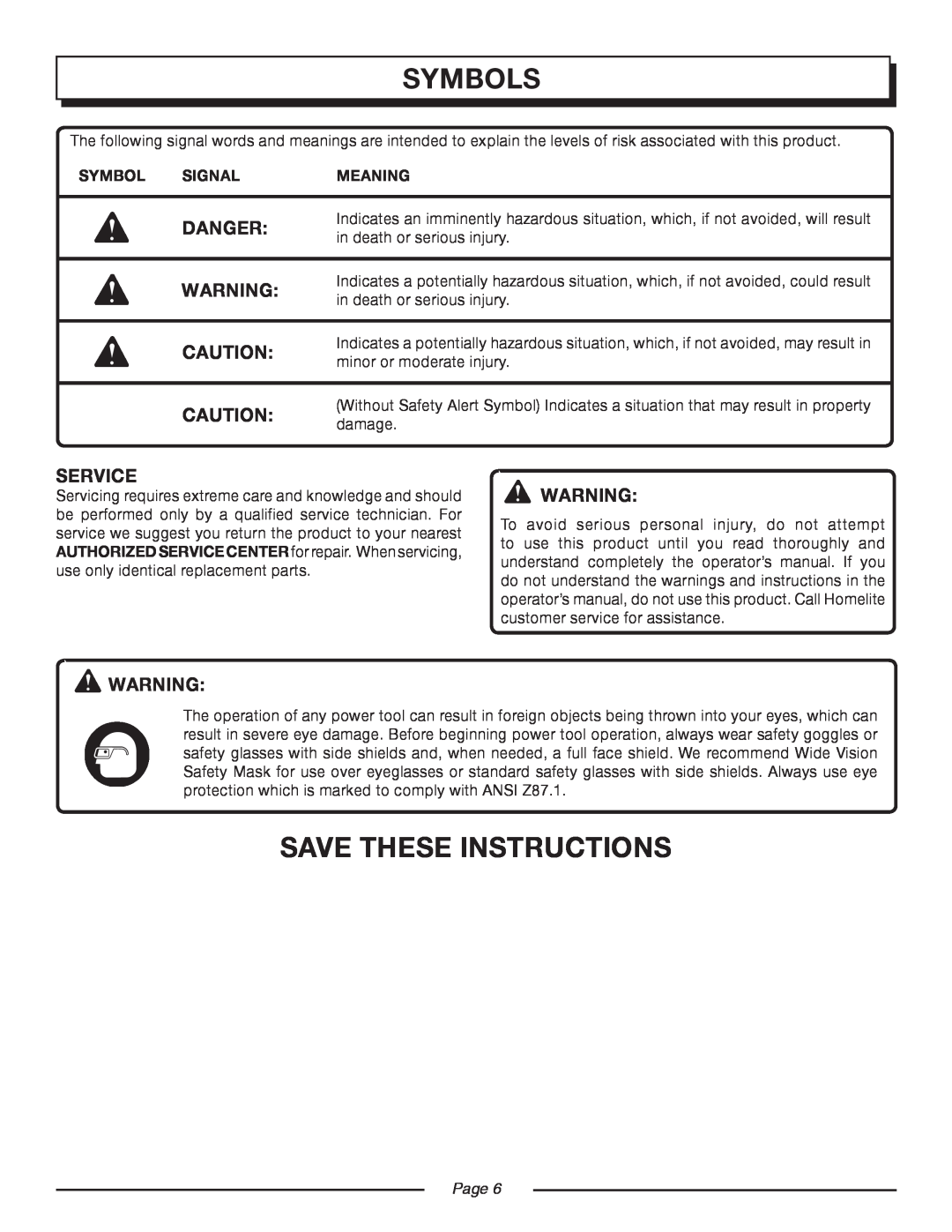 Homelite UT08981, UT08580 manual Save These Instructions, Danger, Service, symbols, Symbol, Signal, Meaning, Page  