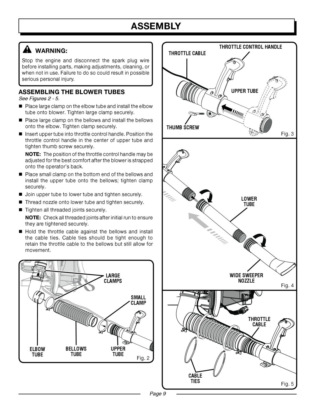 Homelite UT08580 Assembling The Blower Tubes, assembly, See Figures, small clamp, elbow, bellows, upper, tube, cable, ties 