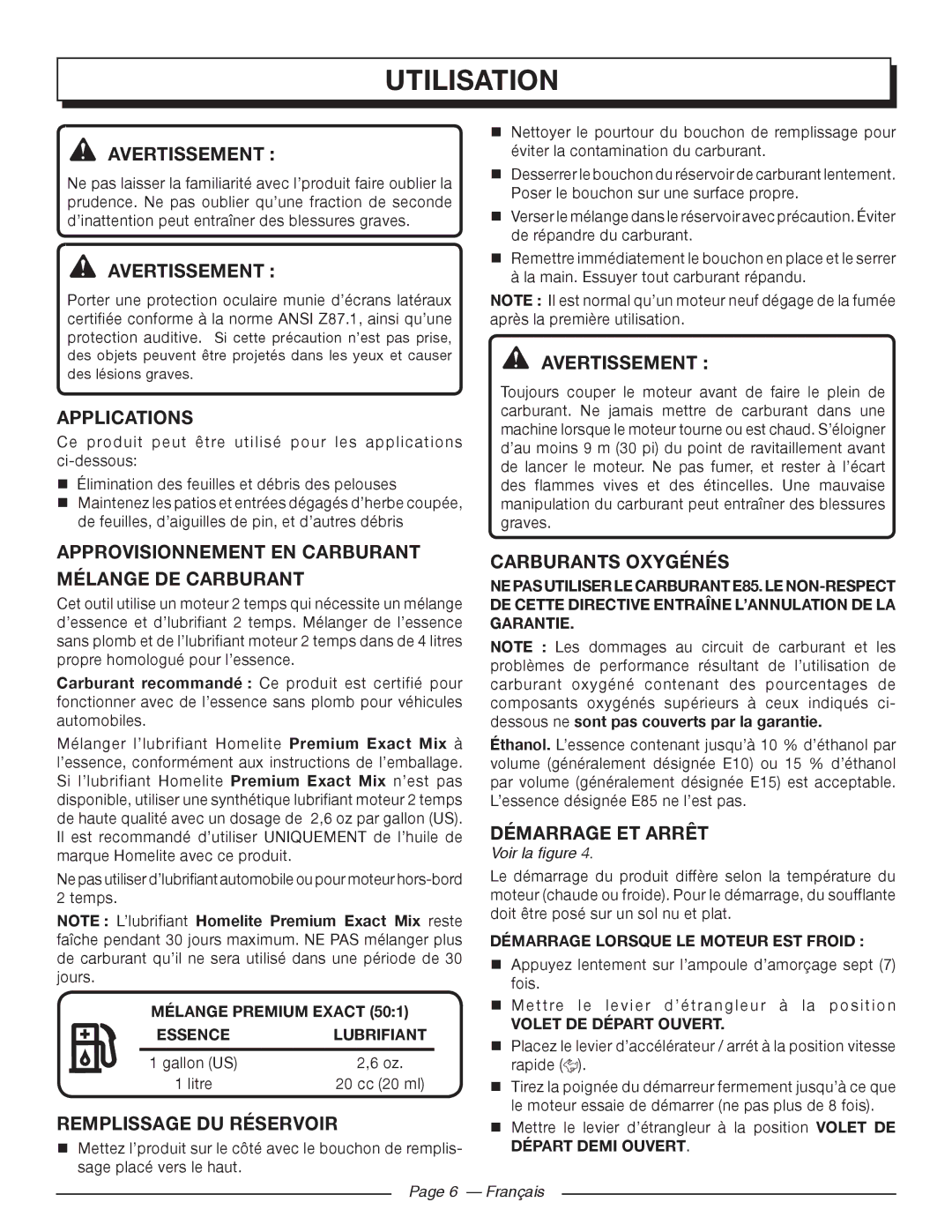 Homelite UT09002 Utilisation, Approvisionnement EN Carburant Mélange DE Carburant, Remplissage DU Réservoir 