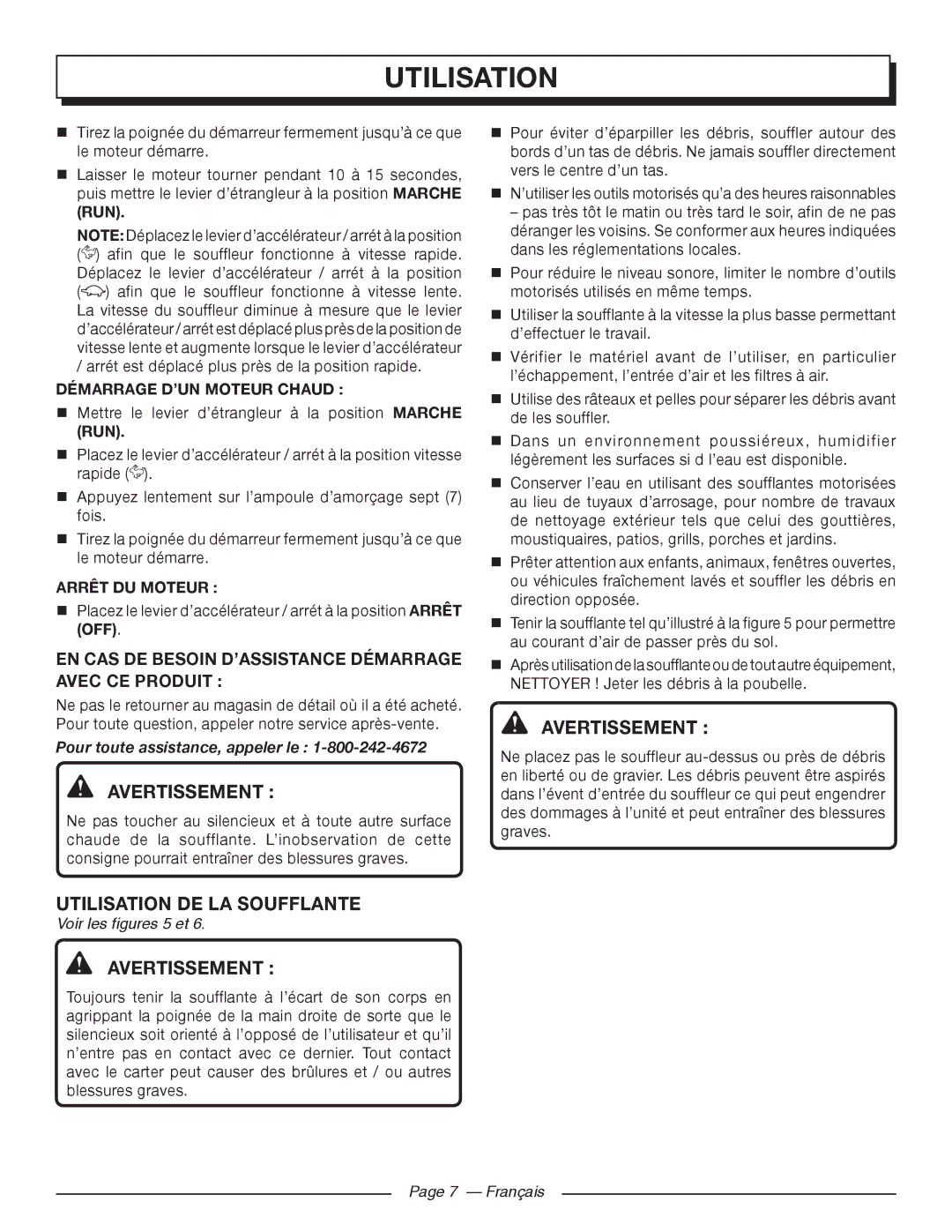 Homelite UT09002 manuel dutilisation Utilisation DE LA Soufflante, Démarrage D’UN Moteur Chaud, Arrêt Du Moteur  