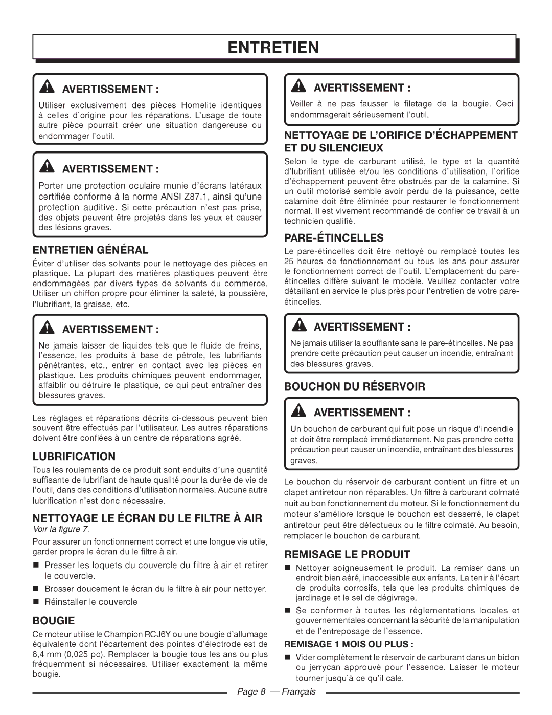 Homelite UT09002 manuel dutilisation Entretien 