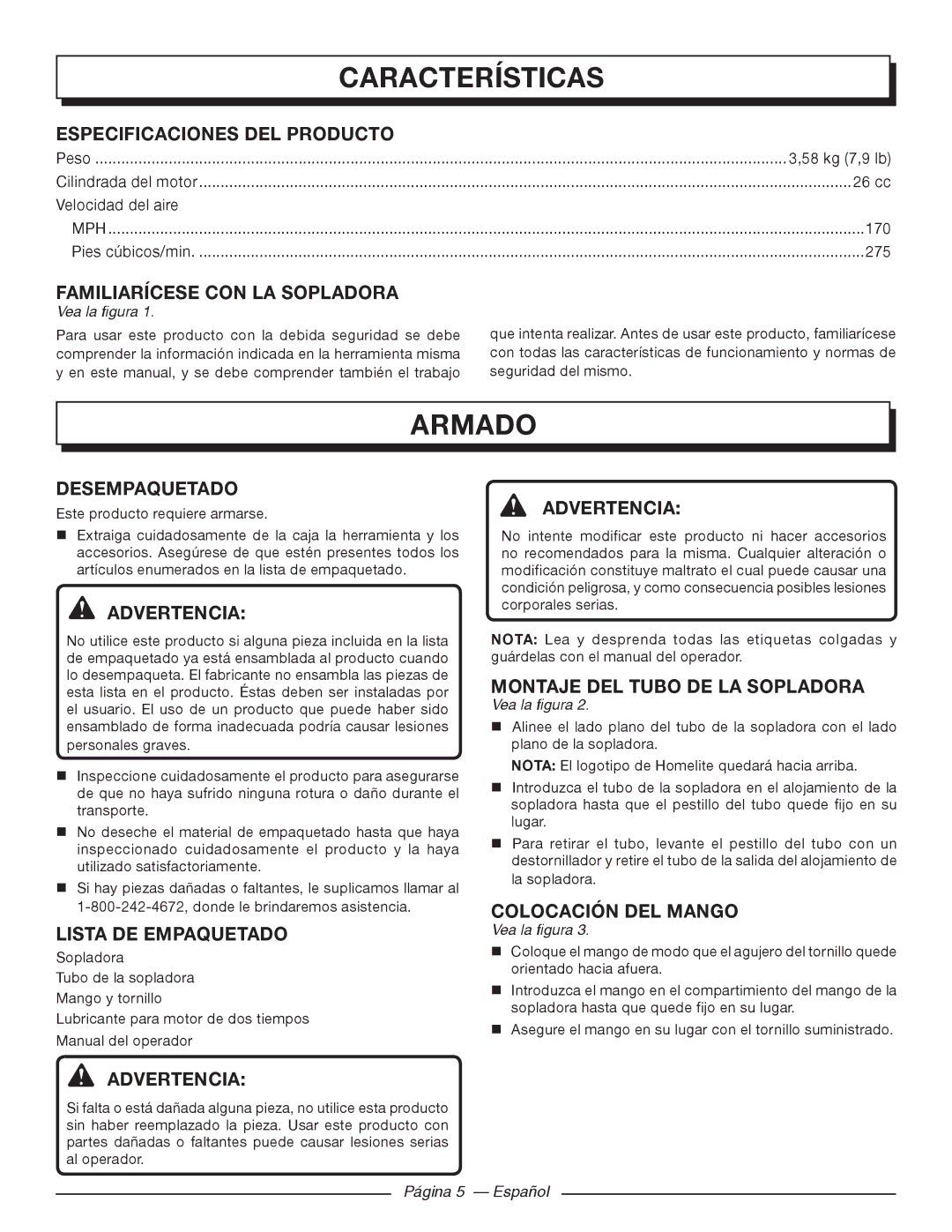 Homelite UT09002 manuel dutilisation Características, Armado 