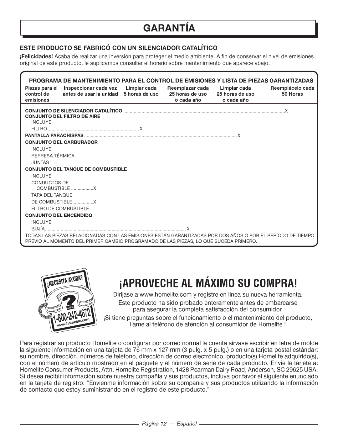 Homelite UT09002 manuel dutilisation Garantía, Este producto se fabricó con un silenciador catalítico 