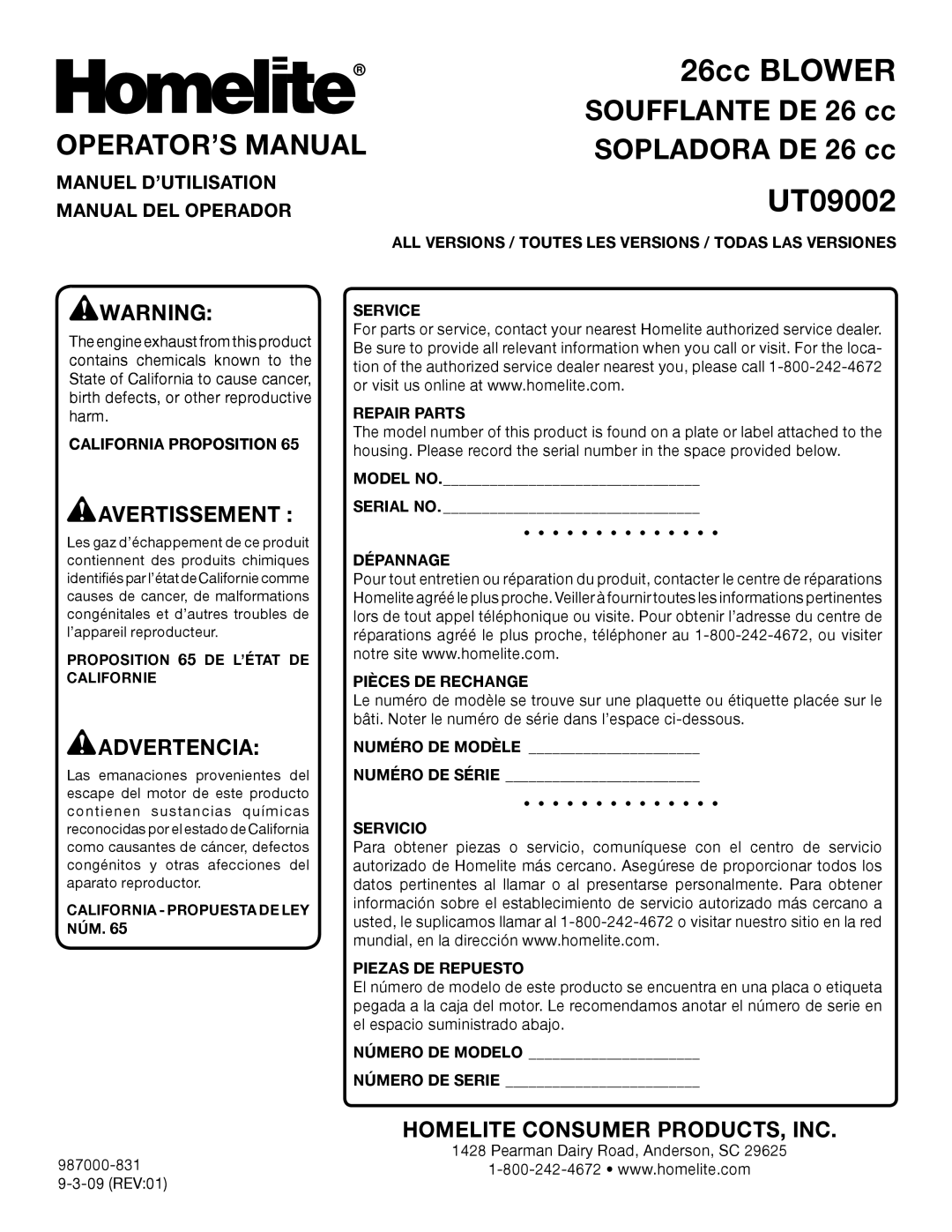 Homelite UT09002 manuel dutilisation Soufflante de 26 cc, OPERATOR’S Manual, Manuel D’UTILISATION, Manual DEL Operador 