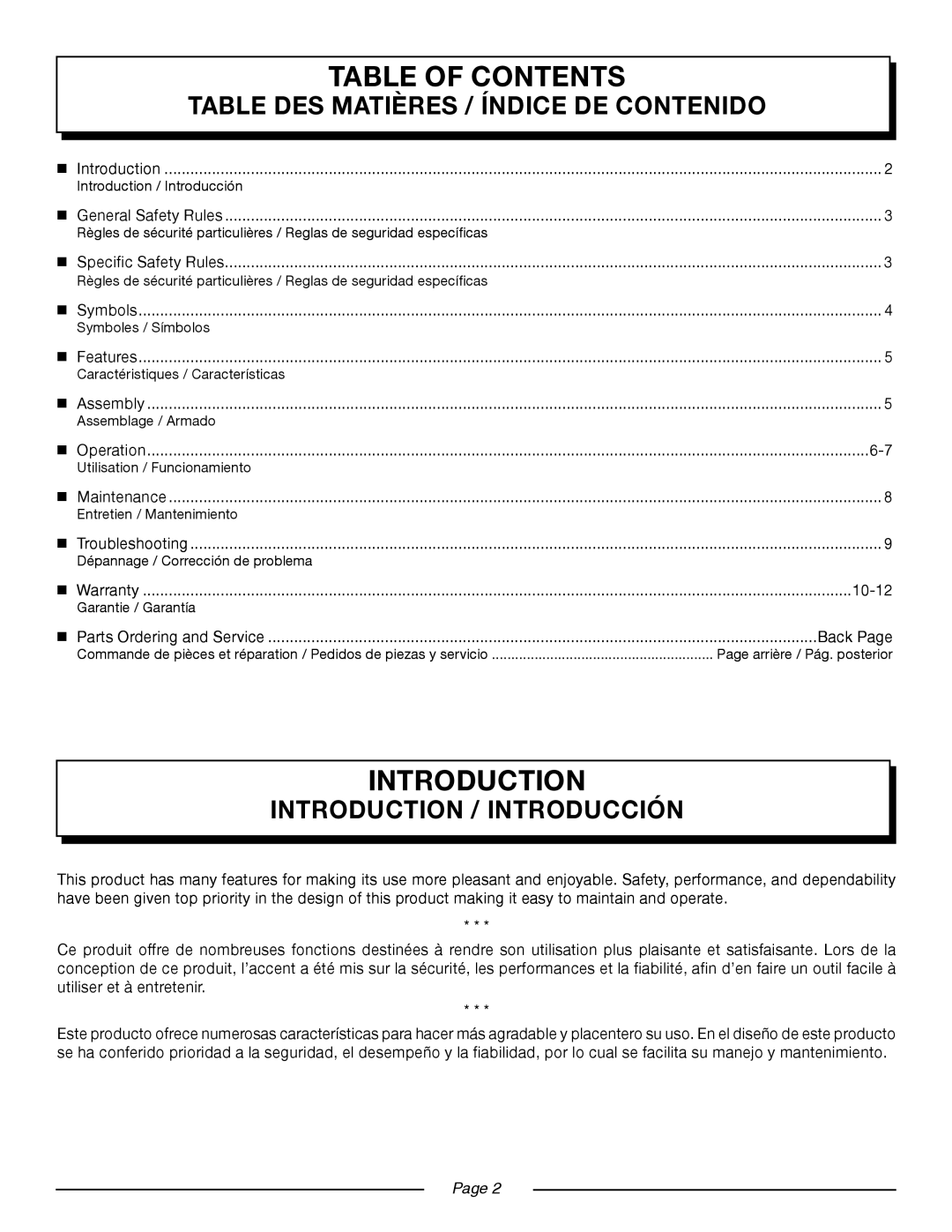 Homelite UT09002 manuel dutilisation Table of Contents 