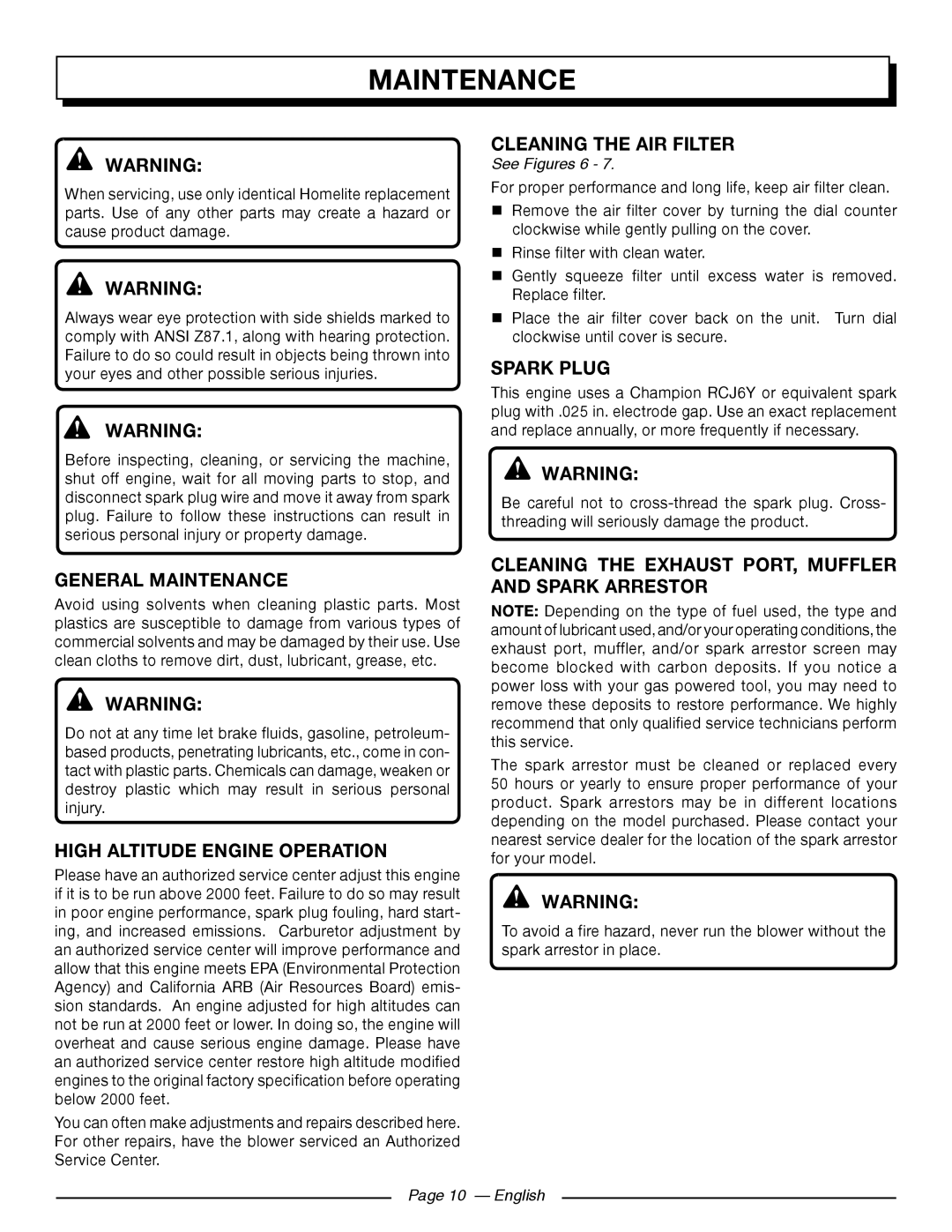 Homelite UT09510 Cleaning the AIR Filter, Spark Plug, General Maintenance, High Altitude Engine Operation 