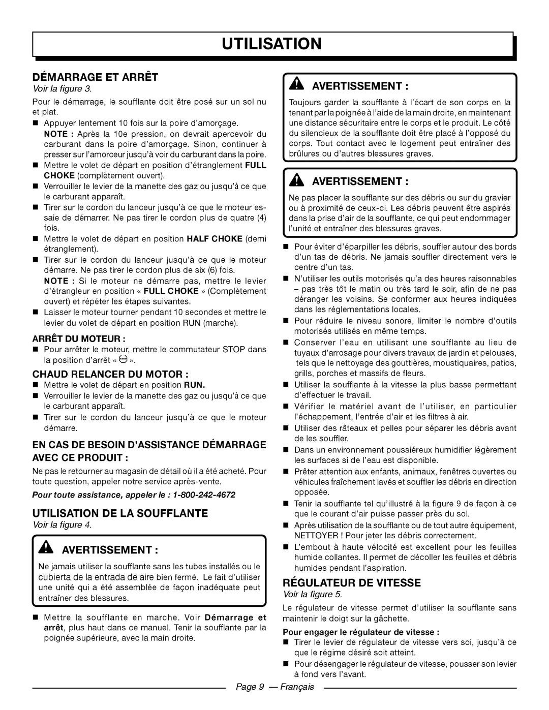 Homelite UT09510 Démarrage ET Arrêt, Utilisation DE LA Soufflante, Régulateur DE Vitesse, Arrêt DU Moteur 