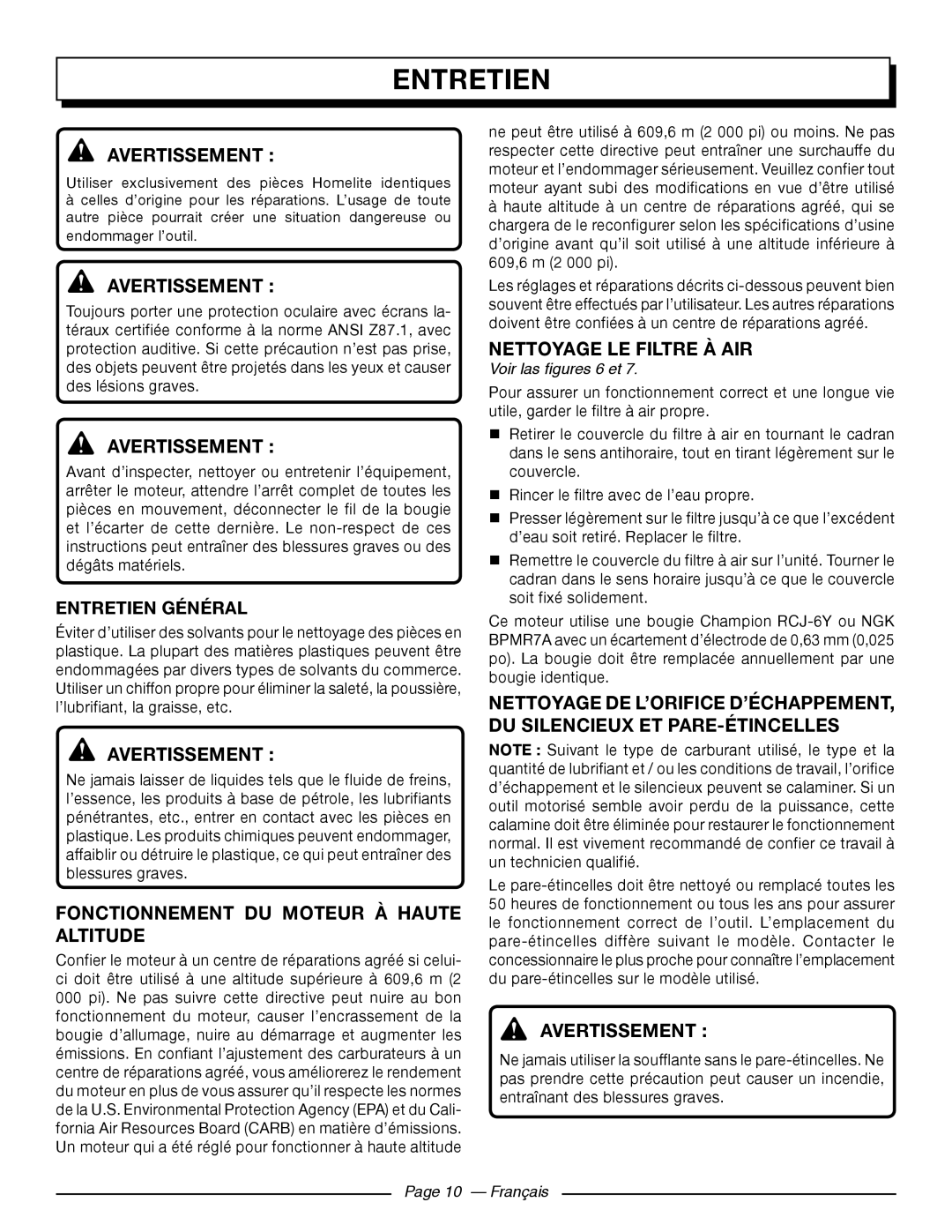 Homelite UT09510 Fonctionnement DU Moteur À Haute Altitude, Nettoyage LE Filtre À AIR, Entretien Général 