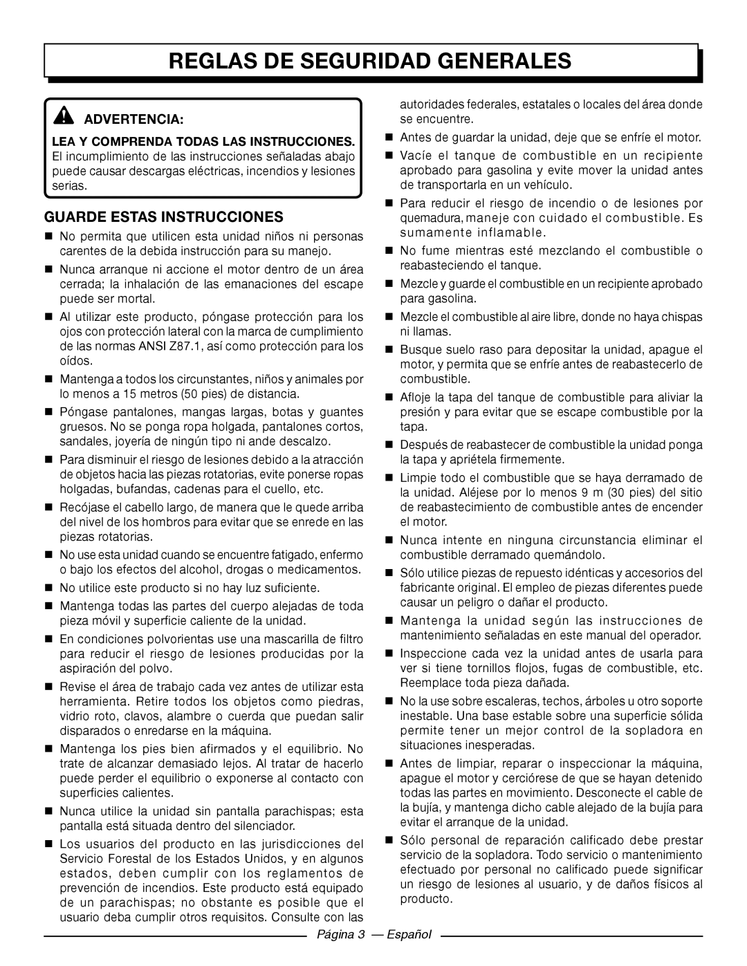 Homelite UT09510 manuel dutilisation Reglas de seguridad generales, Guarde estas instrucciones, Advertencia 