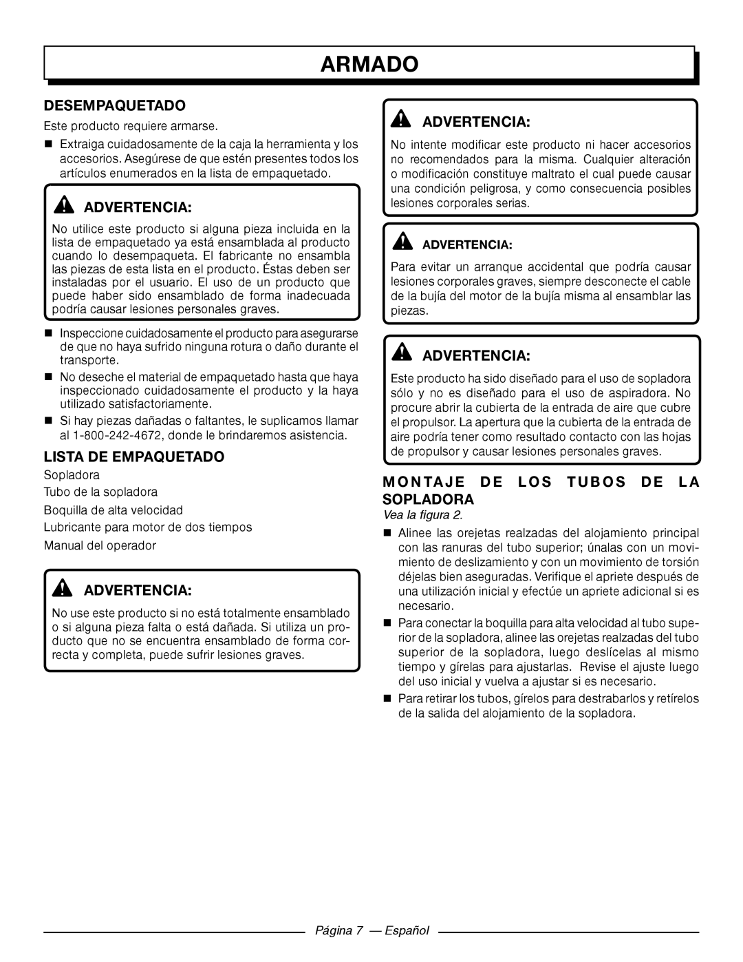 Homelite UT09510 Armado, Desempaquetado, Advertencia, Lista DE Empaquetado, Montaje DE LOS Tubos DE LA Sopladora 