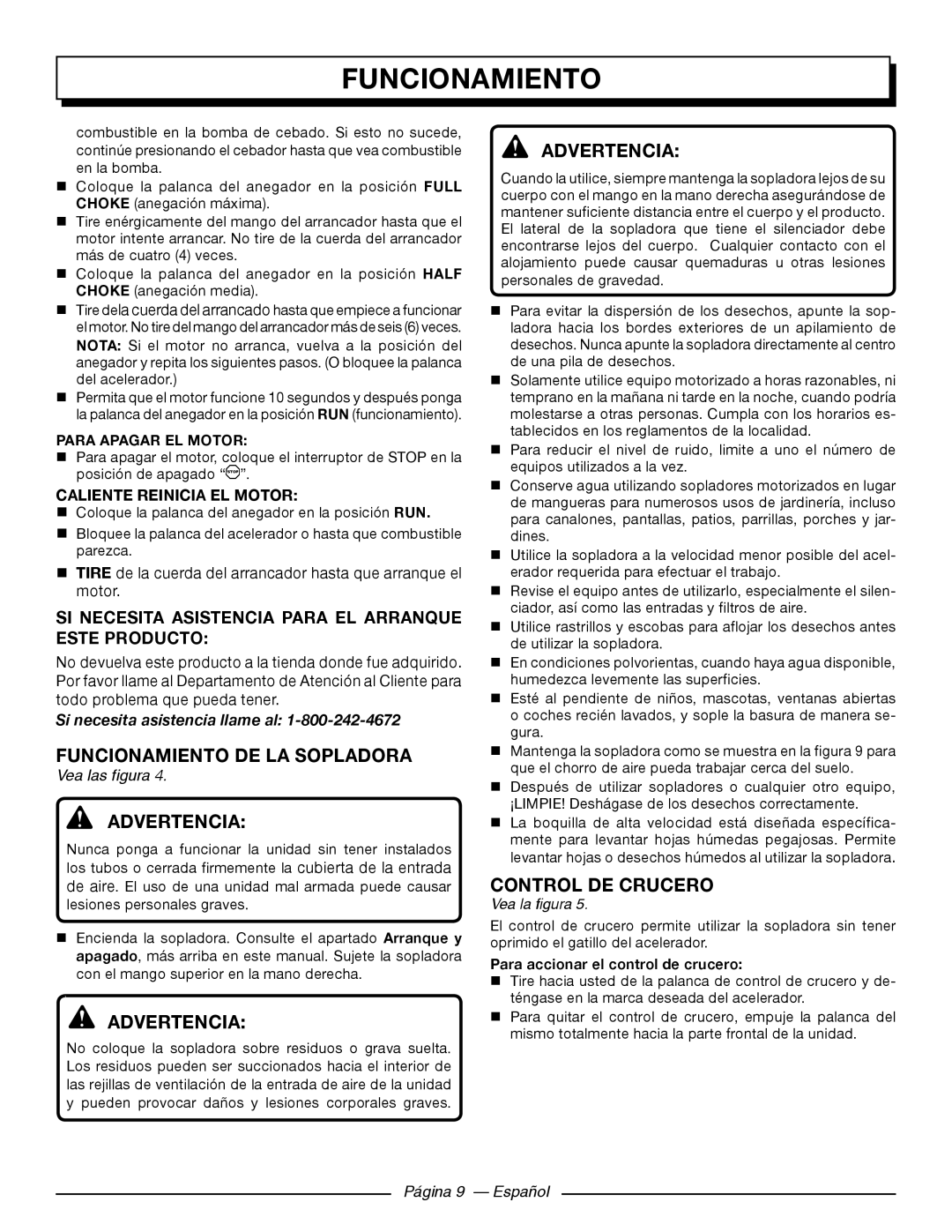 Homelite UT09510 Funcionamiento DE LA Sopladora, Control DE Crucero, Para Apagar EL Motor, Caliente Reinicia el motor 