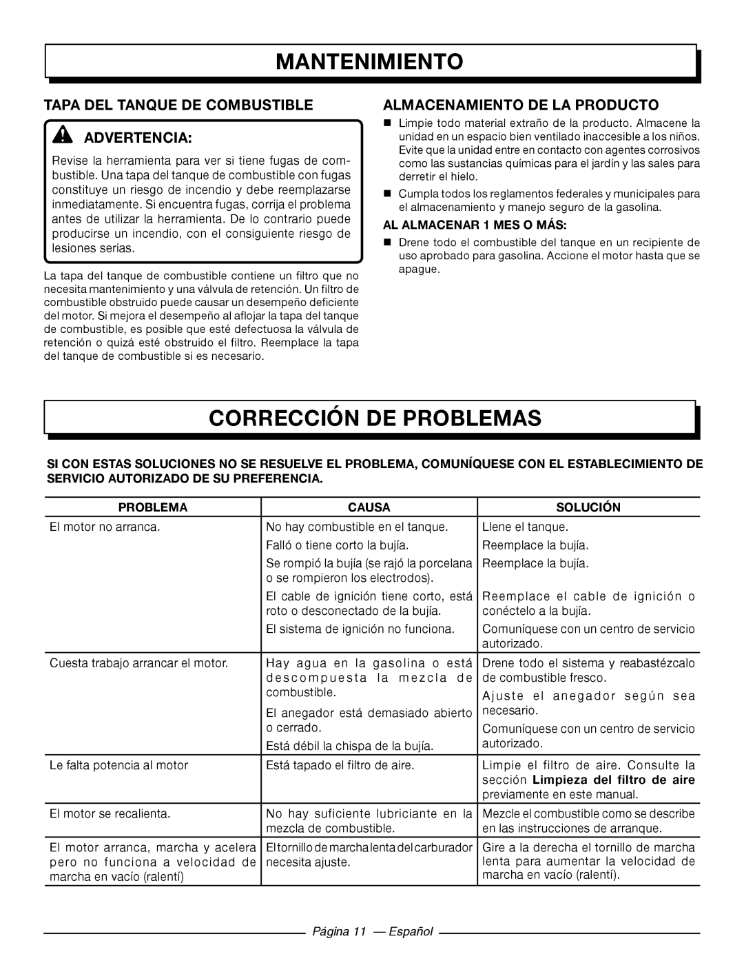 Homelite UT09510 CorrecciÓn de problemas, Tapa DEL Tanque DE Combustible Advertencia, Almacenamiento de la producto 