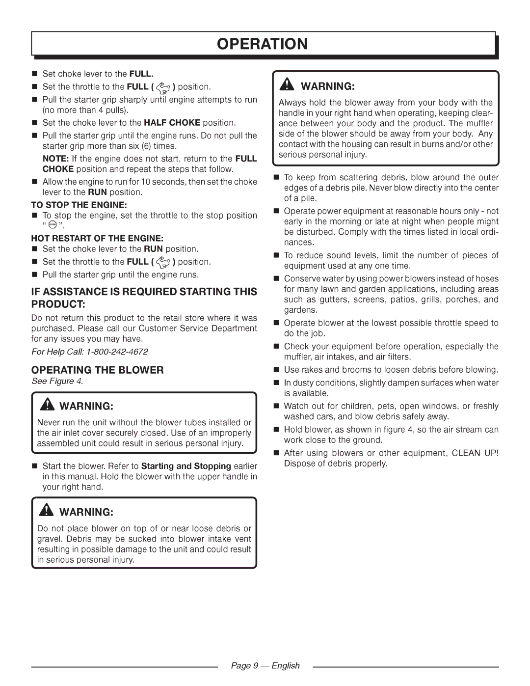 Homelite UT09520 If Assistance is Required Starting this Product, Operating the Blower, To Stop the Engine 