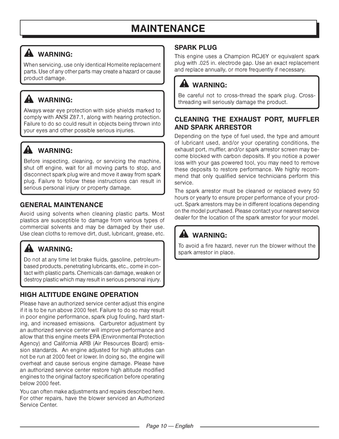 Homelite UT09520 manuel dutilisation General Maintenance, High Altitude Engine Operation, Spark Plug 