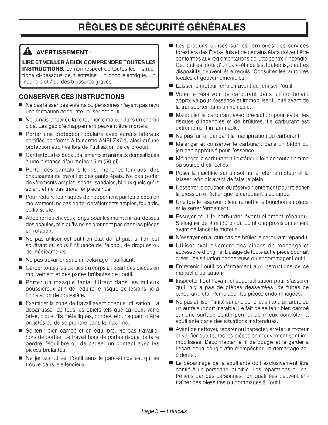 Homelite UT09520 manuel dutilisation Règles DE Sécurité Générales, Conserver CES Instructions, Avertissement  