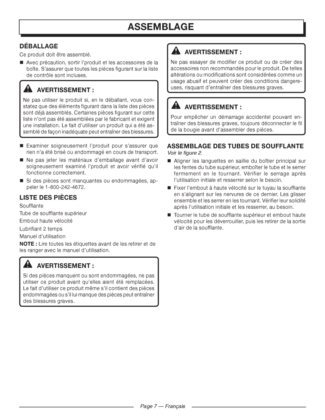 Homelite UT09520 manuel dutilisation Déballage, Liste DES Pièces, Assemblage DES Tubes DE Soufflante 