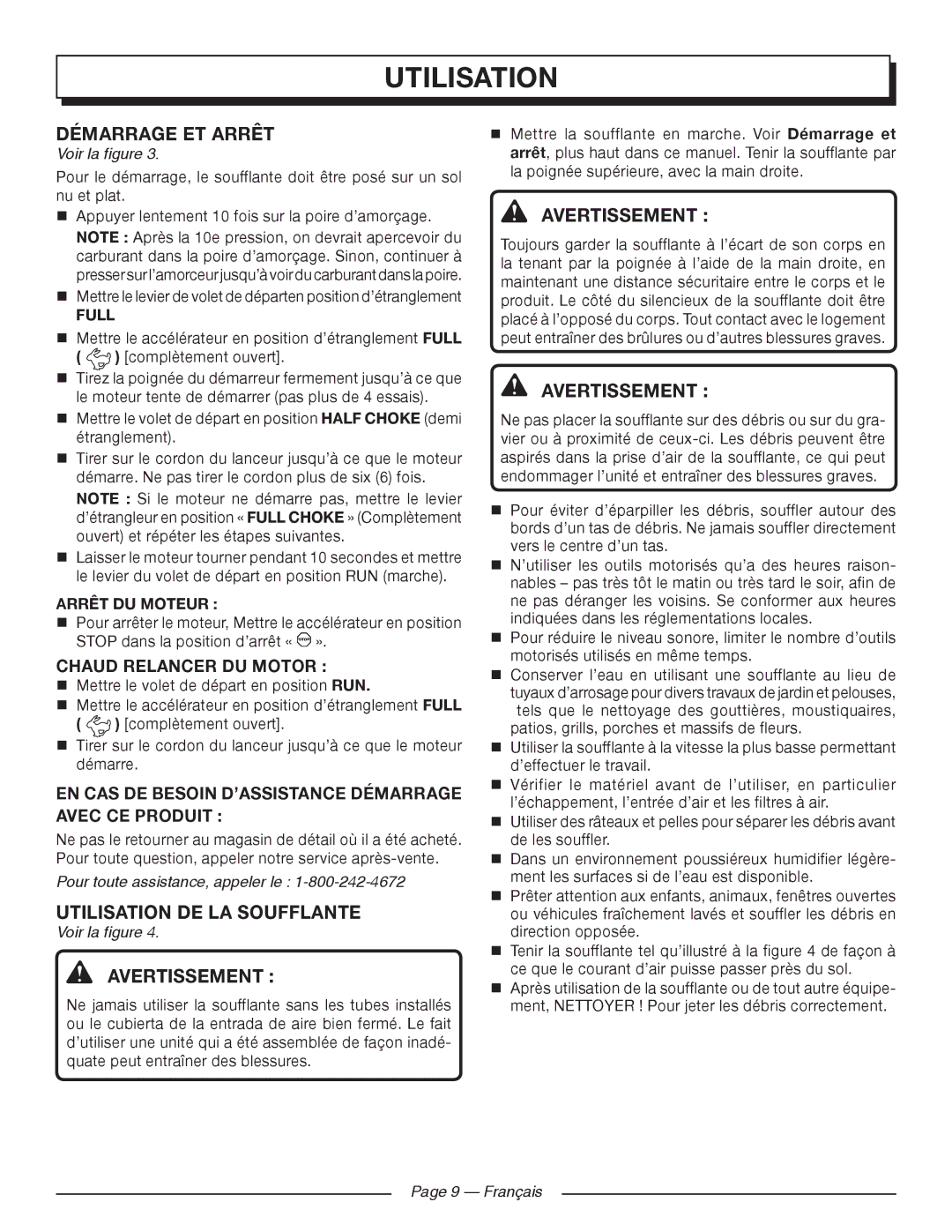 Homelite UT09520 manuel dutilisation Démarrage ET Arrêt, Utilisation DE LA Soufflante, Chaud Relancer DU Motor 